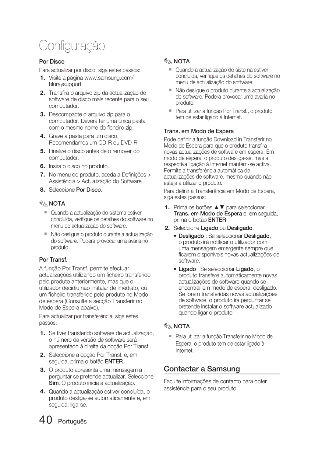 Samsung HT-D5000/ZF manual Contactar a Samsung, Por Transf, Trans. em Modo de Espera 