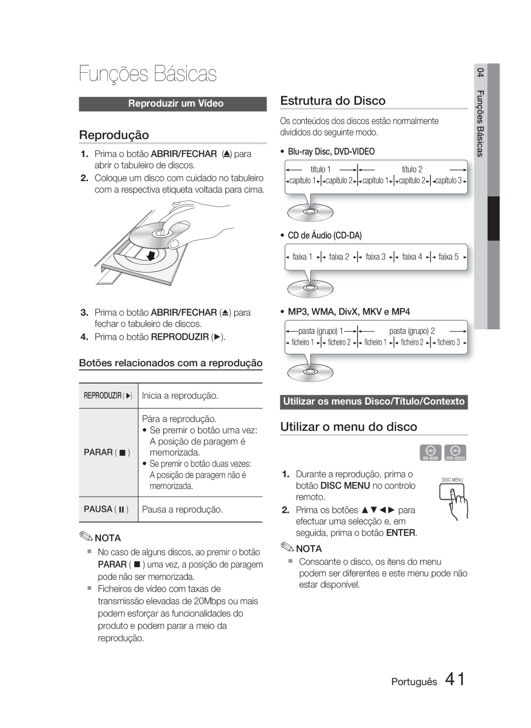 Samsung HT-D5000/ZF manual Funções Básicas, Reprodução, Estrutura do Disco, Utilizar o menu do disco 