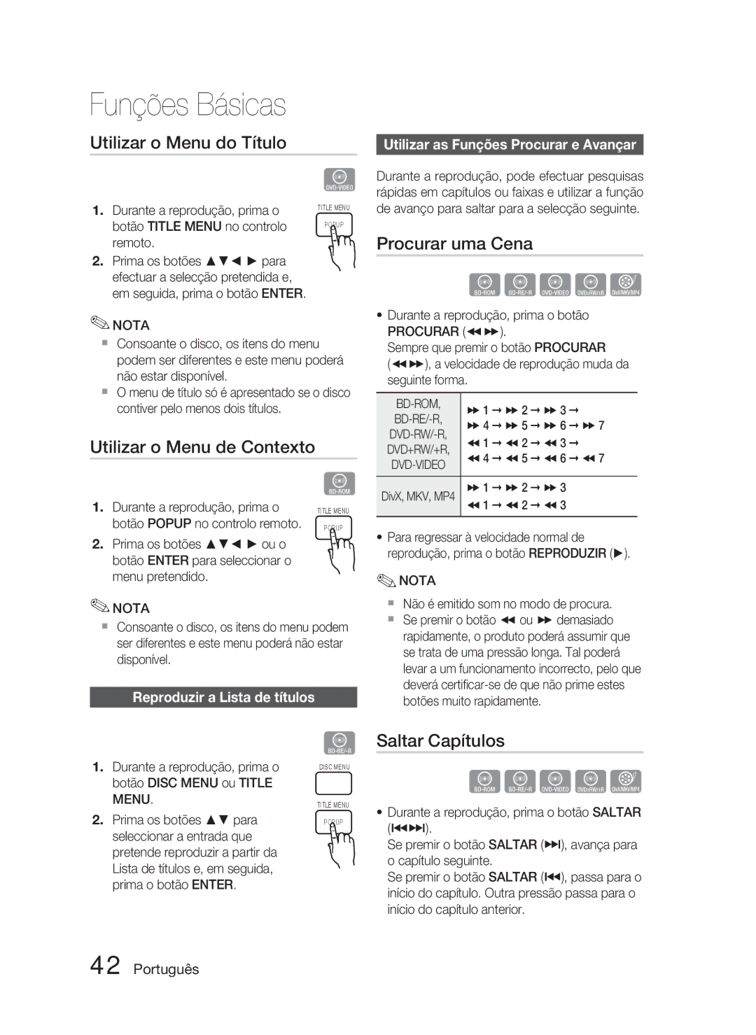 Samsung HT-D5000/ZF manual Utilizar o Menu do Título, Procurar uma Cena, Utilizar o Menu de Contexto, Saltar Capítulos 