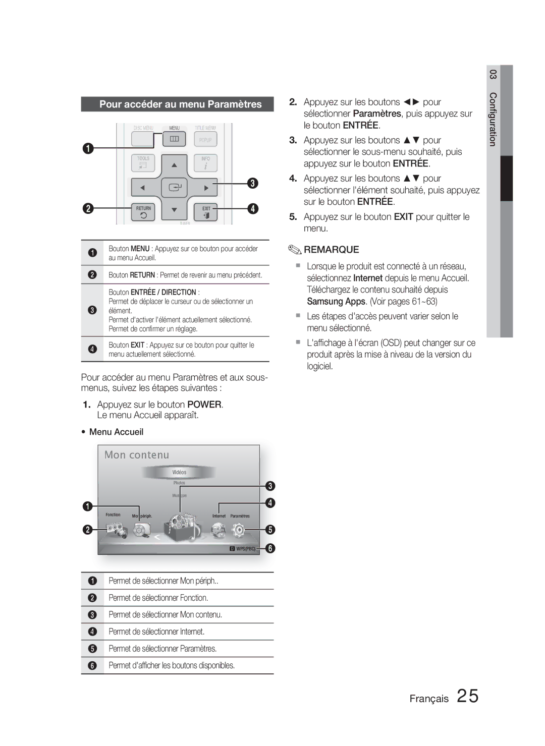 Samsung HT-D5000/ZF manual Pour accéder au menu Paramètres 