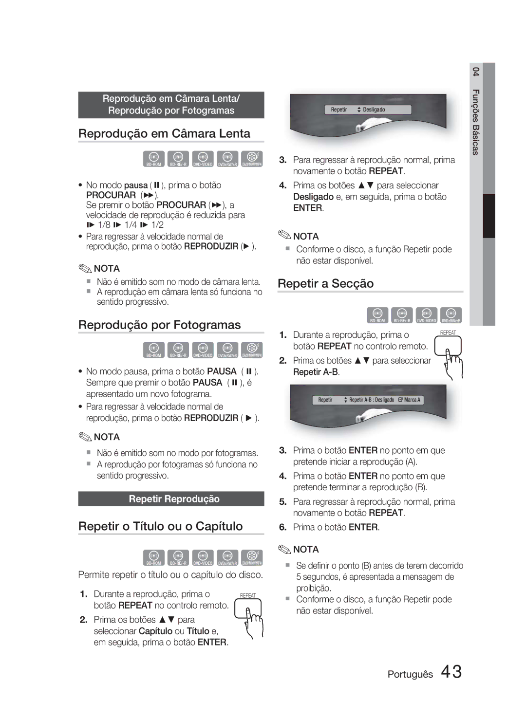 Samsung HT-D5000/ZF manual Reprodução em Câmara Lenta, Reprodução por Fotogramas, Repetir o Título ou o Capítulo 