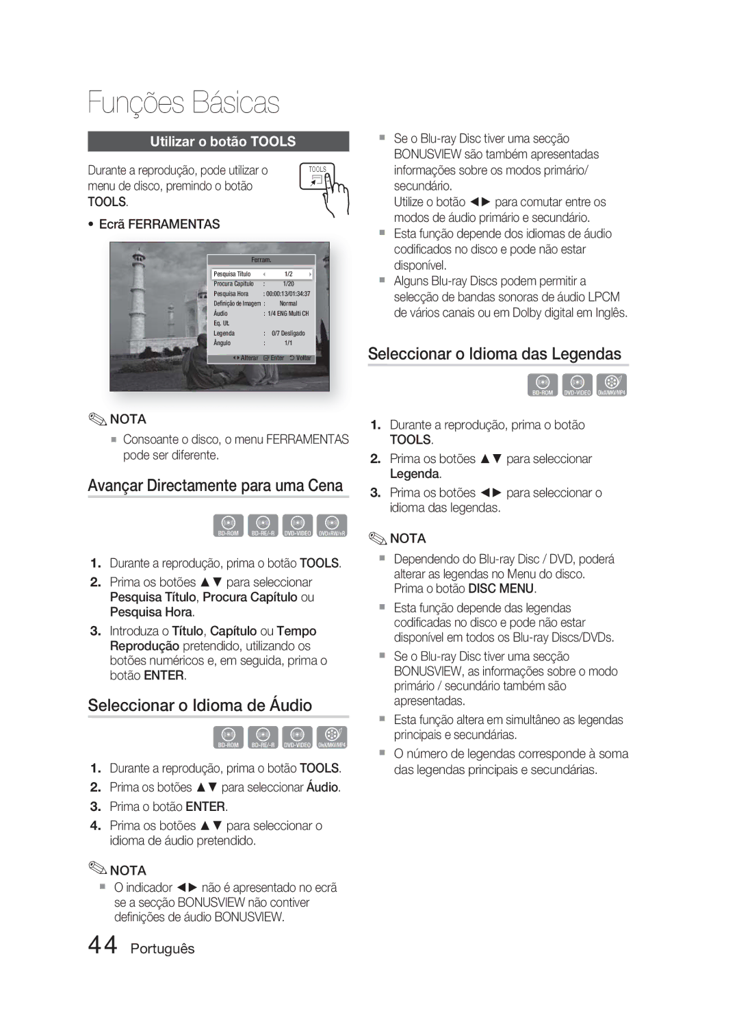 Samsung HT-D5000/ZF Seleccionar o Idioma de Áudio, Seleccionar o Idioma das Legendas, Avançar Directamente para uma Cena 