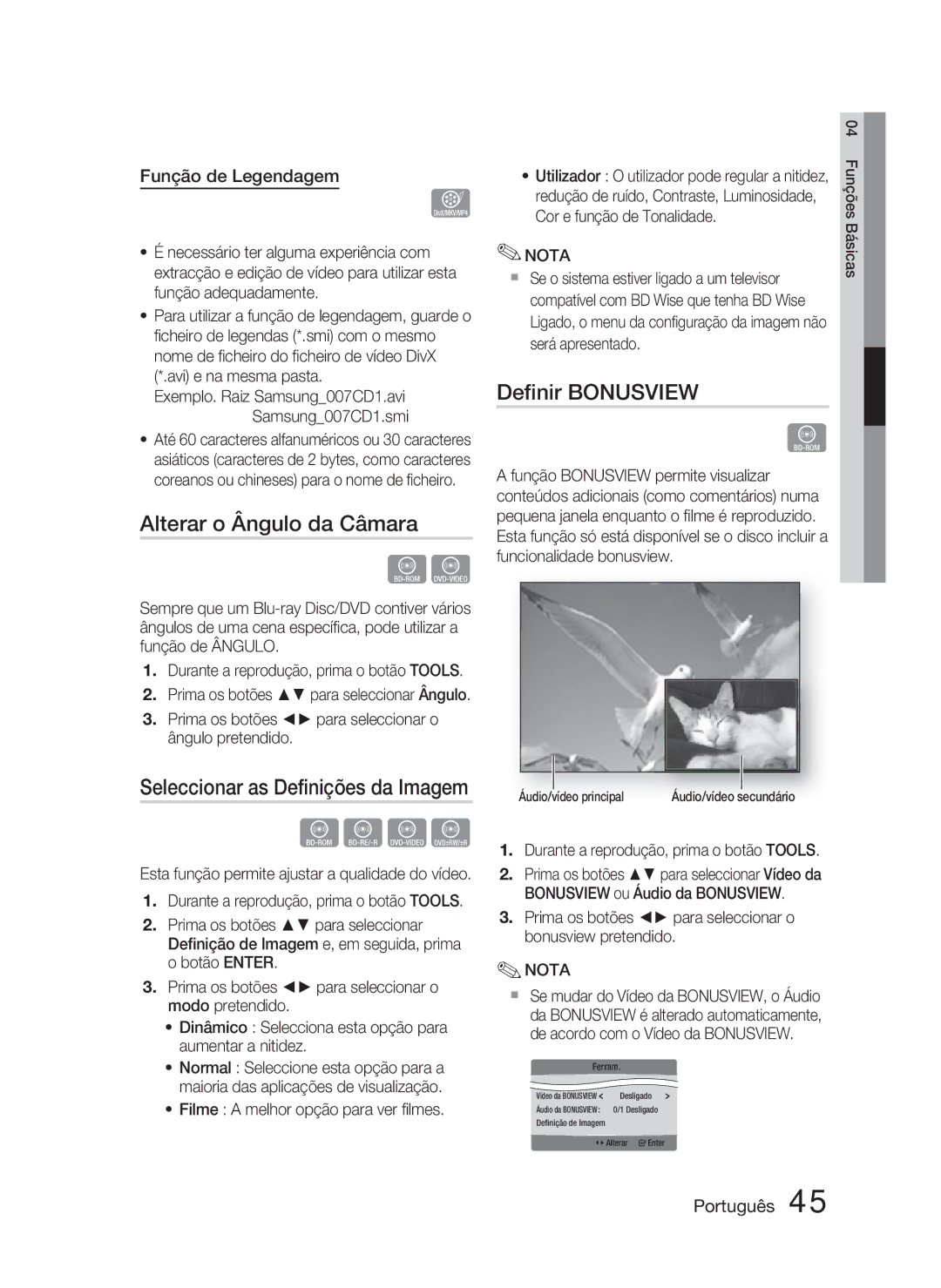 Samsung HT-D5000/ZF manual Alterar o Ângulo da Câmara, Deﬁnir Bonusview, Seleccionar as Deﬁnições da Imagem 