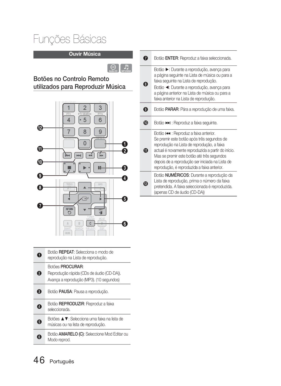 Samsung HT-D5000/ZF manual Ouvir Música, Botões Procurar, Faixa seguinte na Lista de reprodução 