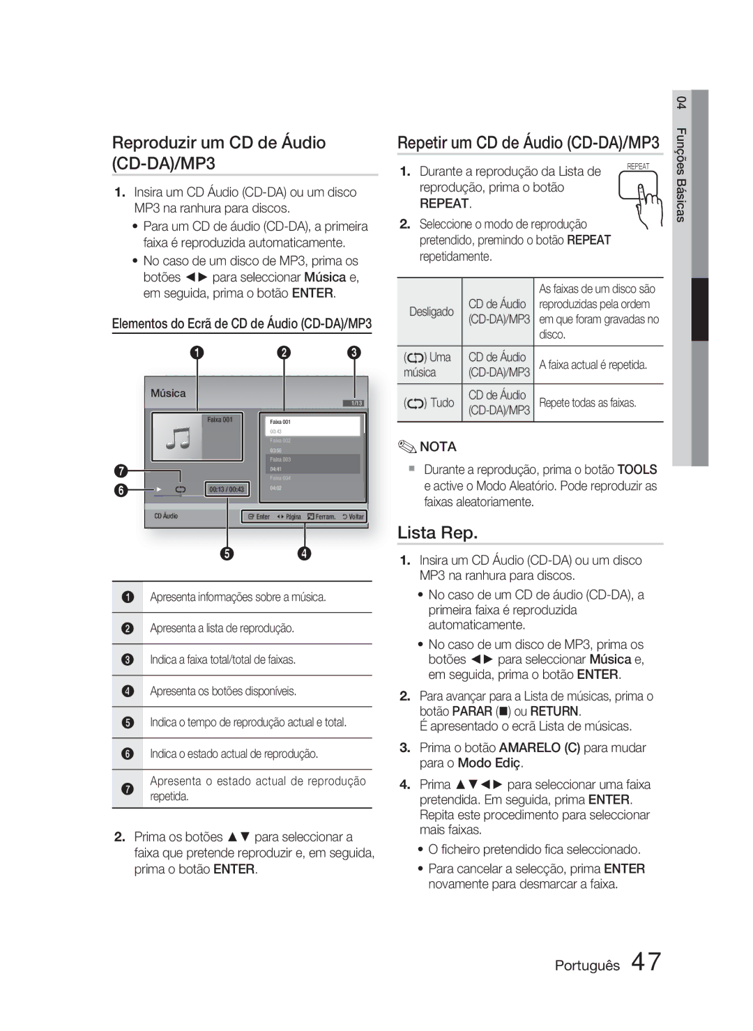 Samsung HT-D5000/ZF manual Reproduzir um CD de Áudio CD-DA/MP3, Lista Rep, Repetir um CD de Áudio CD-DA/MP3 