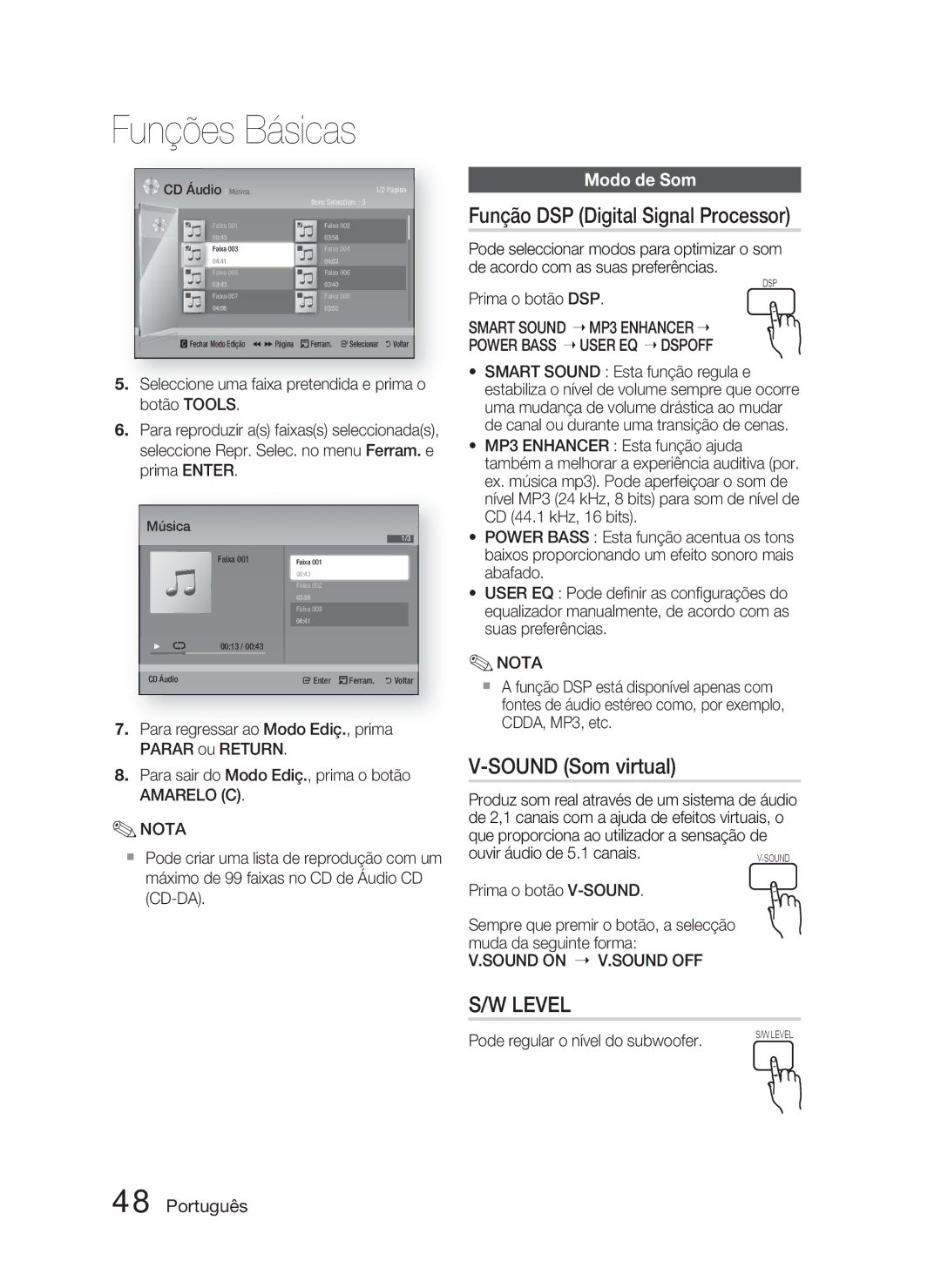 Samsung HT-D5000/ZF manual Função DSP Digital Signal Processor, Sound Som virtual, Modo de Som, Prima o botão DSP 