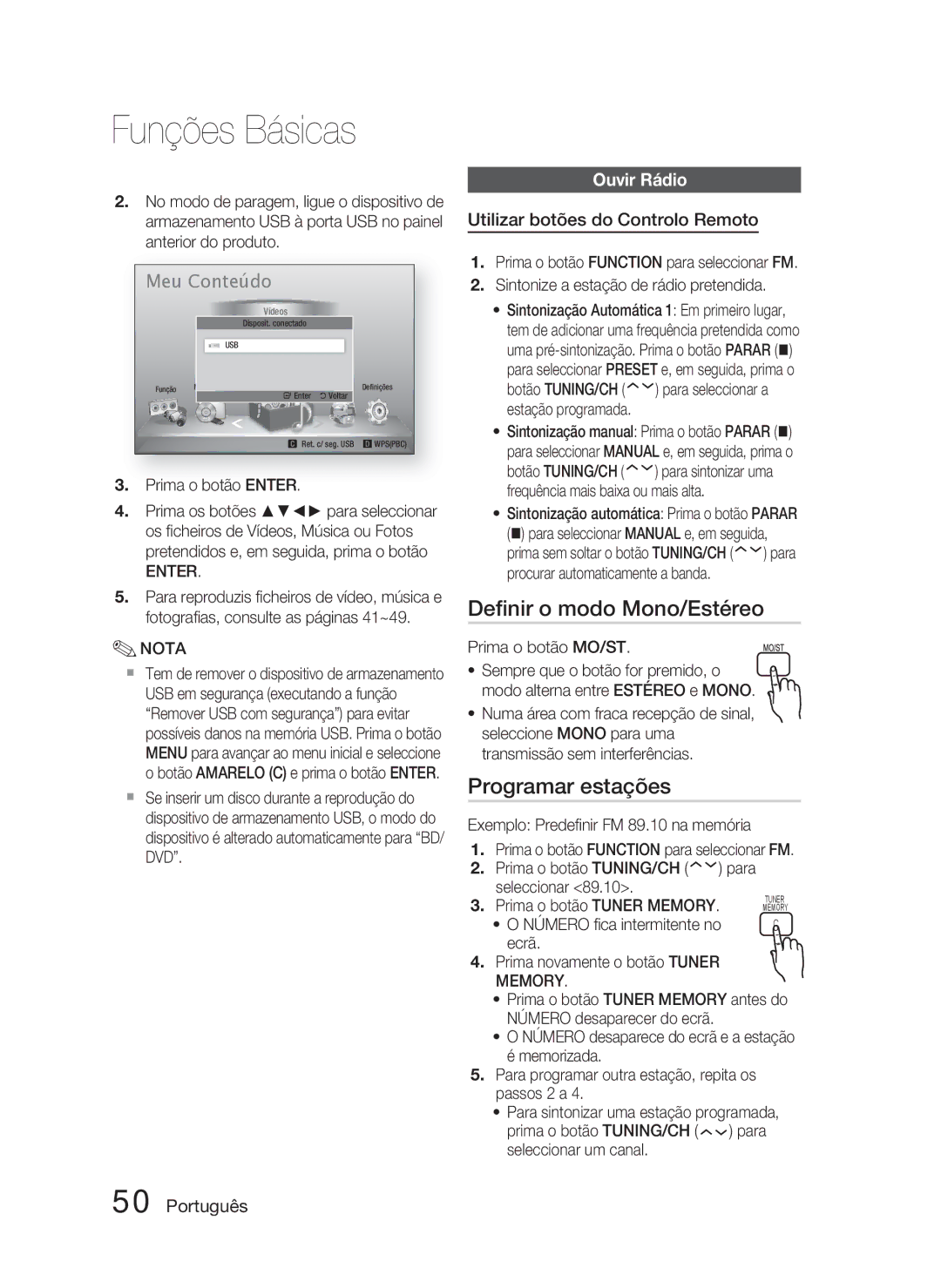 Samsung HT-D5000/ZF manual Deﬁnir o modo Mono/Estéreo, Programar estações, Ouvir Rádio, Utilizar botões do Controlo Remoto 