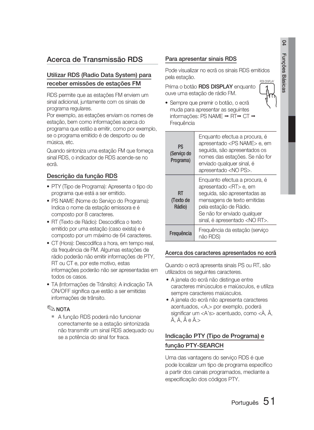 Samsung HT-D5000/ZF manual Acerca de Transmissão RDS, Descrição da função RDS, Para apresentar sinais RDS 