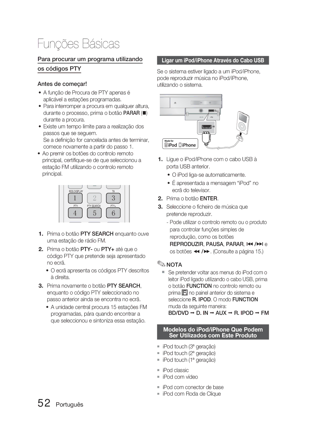 Samsung HT-D5000/ZF manual Ligar um iPod/iPhone Através do Cabo USB, BD/DVD AUX Ipod FM 