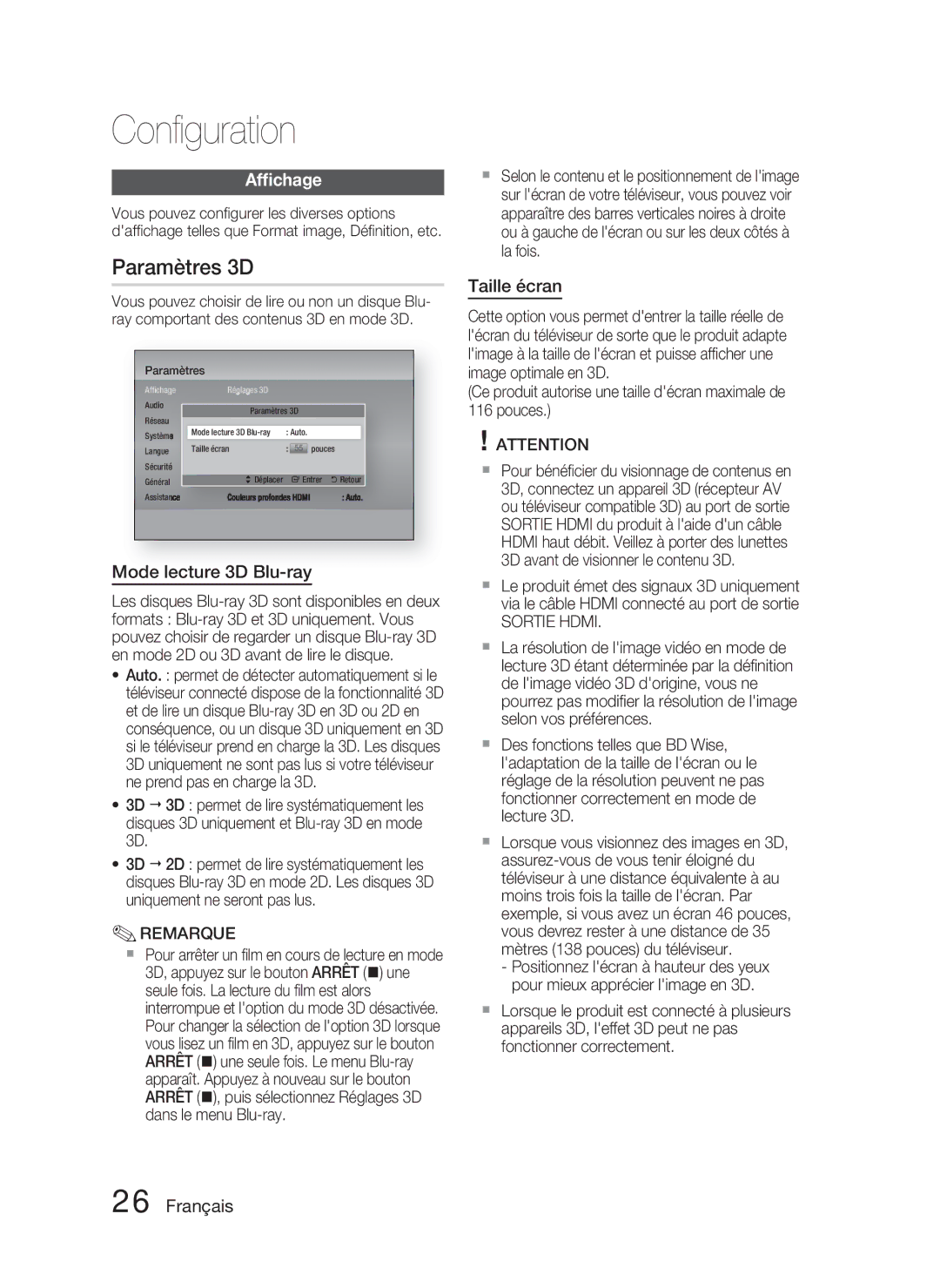 Samsung HT-D5000/ZF manual Paramètres 3D, Afﬁchage, Mode lecture 3D Blu-ray, Taille écran, Sortie Hdmi 