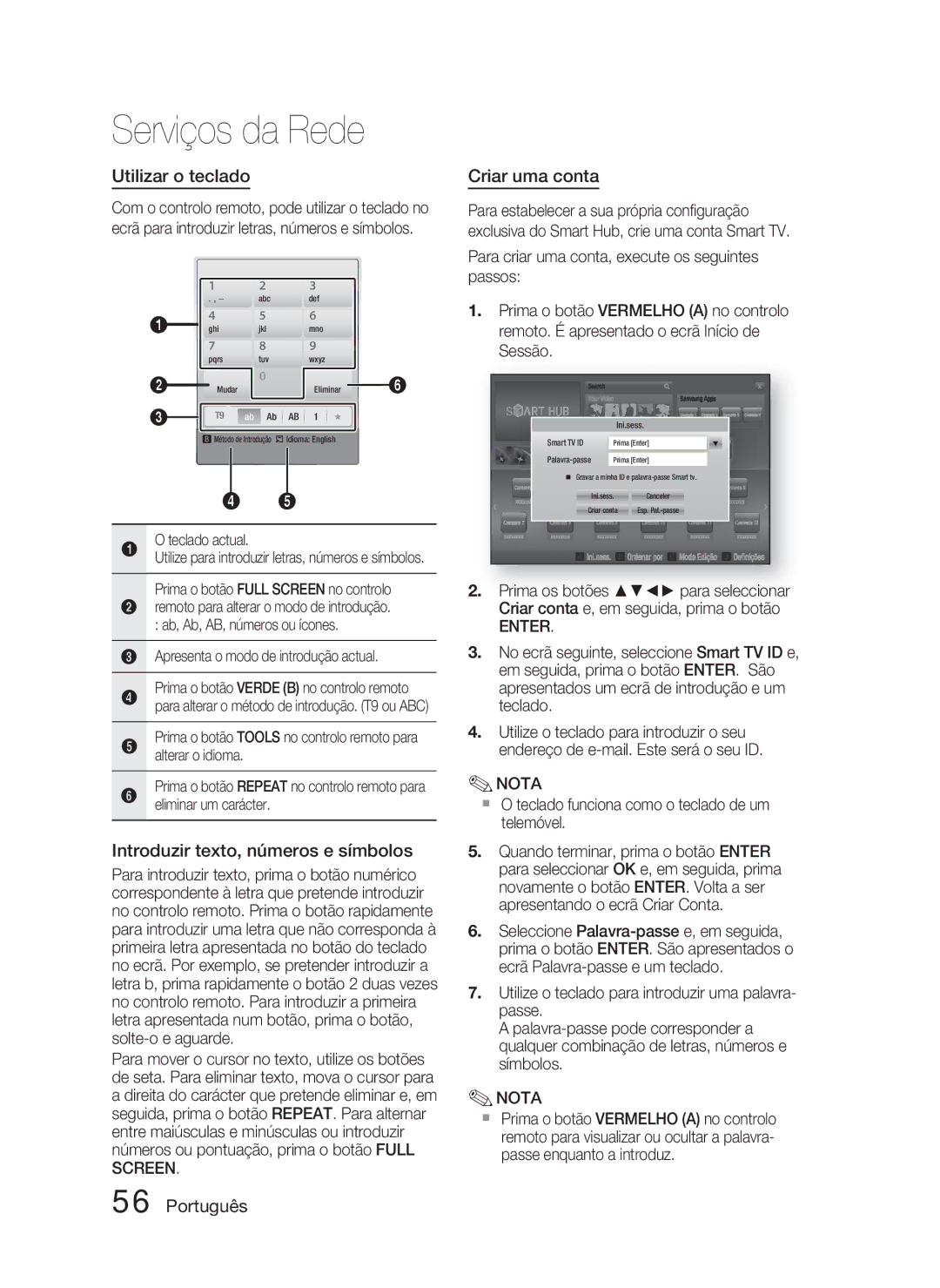 Samsung HT-D5000/ZF manual Utilizar o teclado, Introduzir texto, números e símbolos, Criar uma conta, Teclado actual 