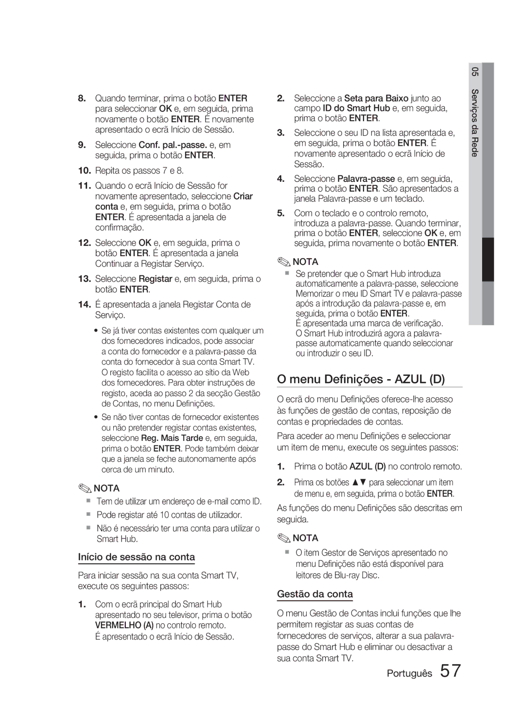 Samsung HT-D5000/ZF manual Menu Deﬁnições Azul D, Início de sessão na conta, Gestão da conta 