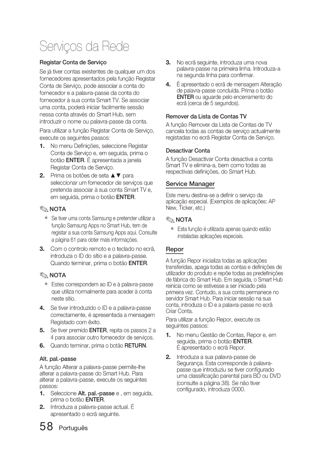 Samsung HT-D5000/ZF manual Repor, Registar Conta de Serviço, Remover da Lista de Contas TV, Desactivar Conta 