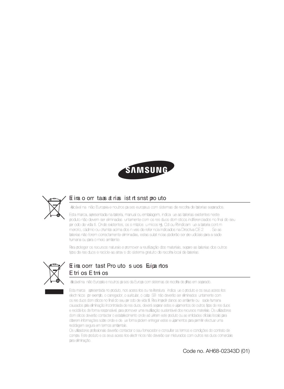 Samsung HT-D5000/ZF manual Eliminação correcta das baterias existentes neste produto 