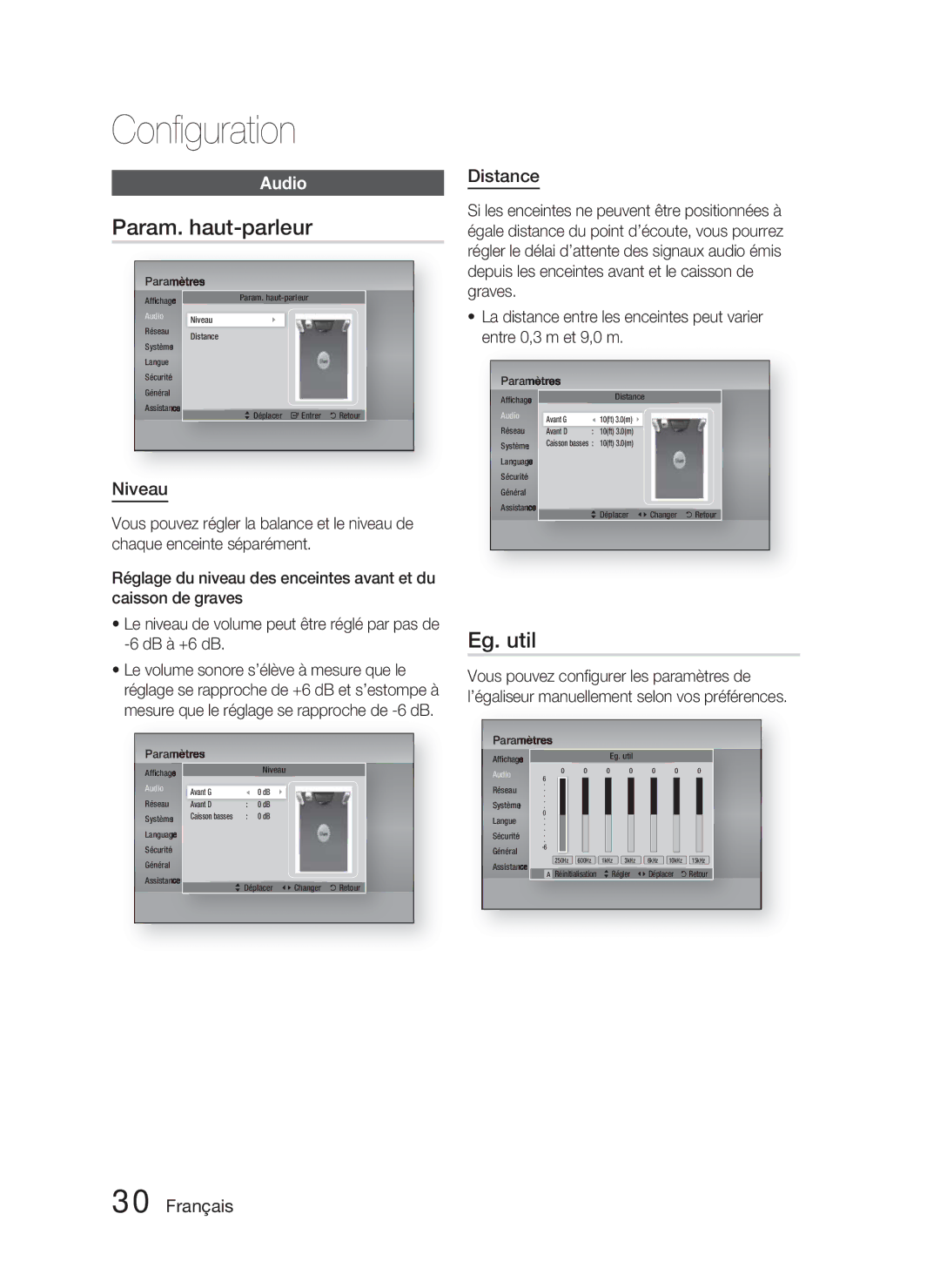 Samsung HT-D5000/ZF manual Param. haut-parleur, Eg. util, Audio, Distance, Niveau 