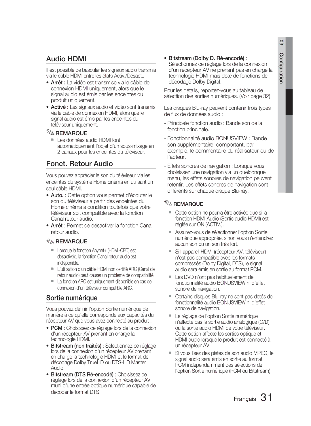 Samsung HT-D5000/ZF manual Audio Hdmi, Fonct. Retour Audio, Sortie numérique 