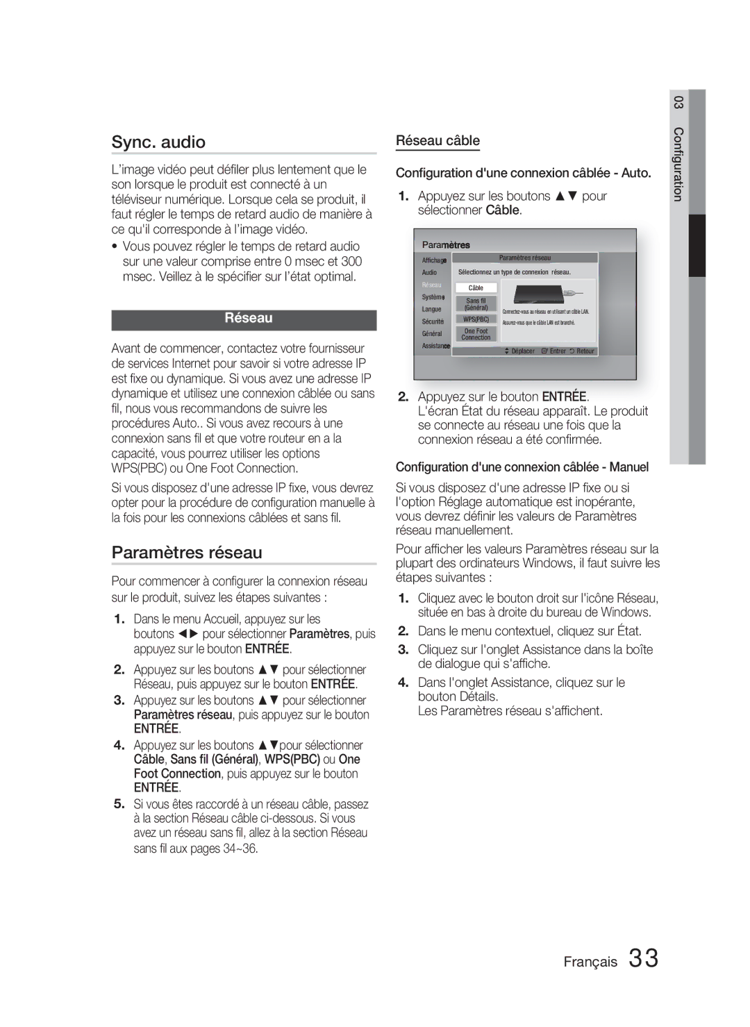 Samsung HT-D5000/ZF manual Sync. audio, Paramètres réseau, Réseau câble, Entrée 