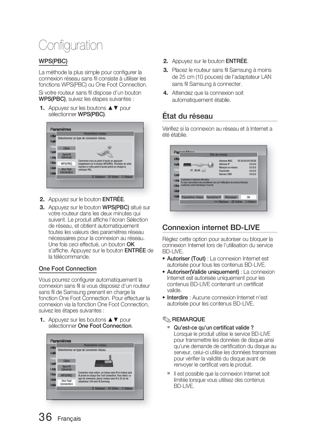 Samsung HT-D5000/ZF manual État du réseau, Connexion internet BD-LIVE, One Foot Connection 