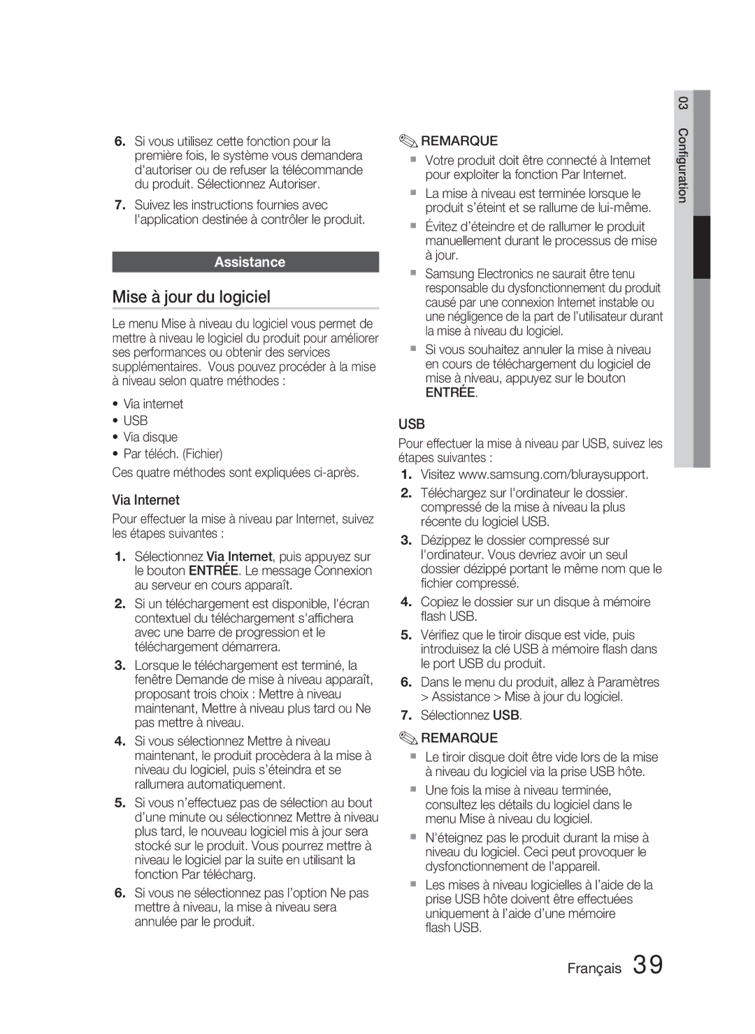 Samsung HT-D5000/ZF manual Mise à jour du logiciel, Assistance, Via Internet, Via internet, Sélectionnez USB 