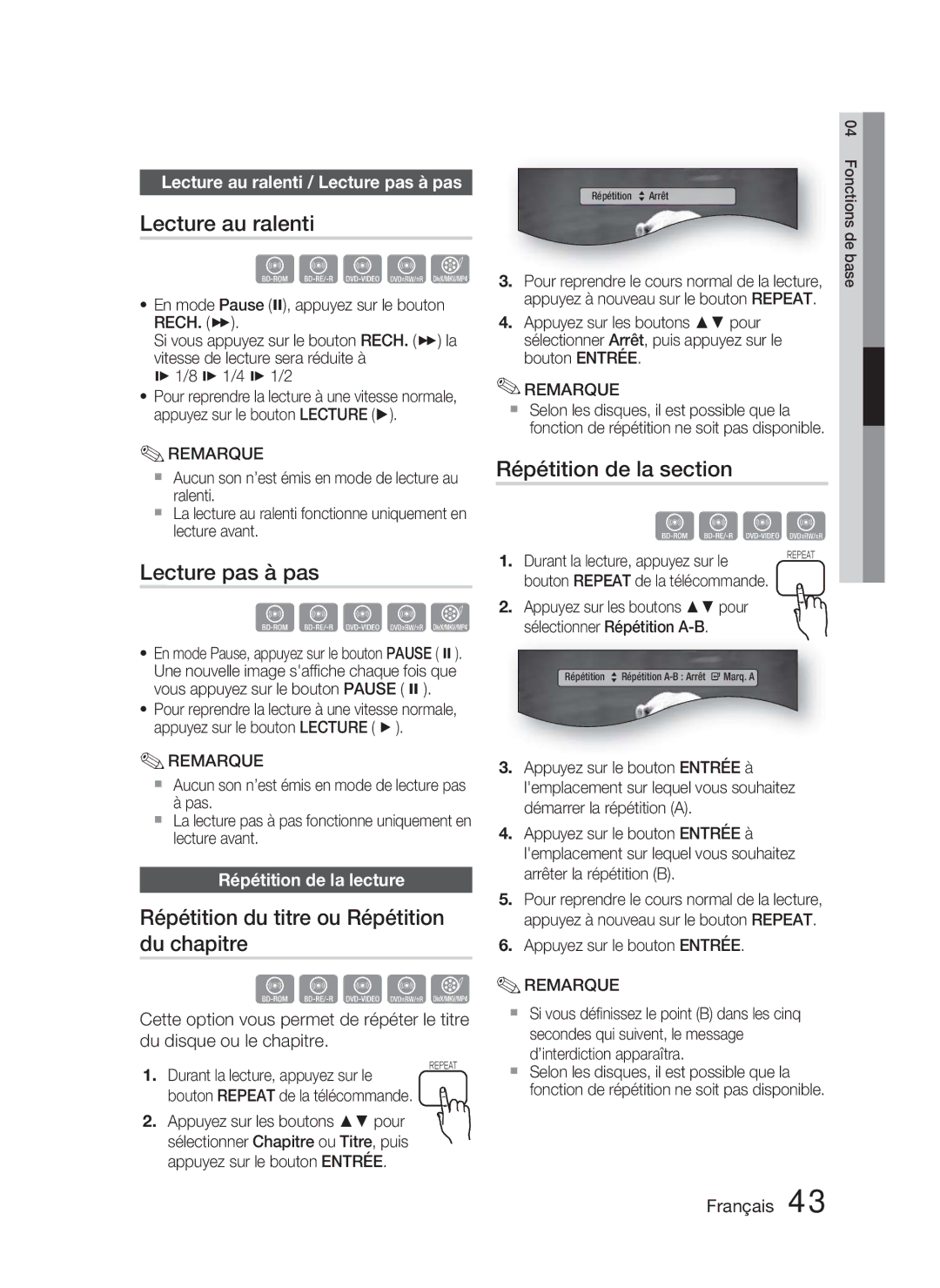 Samsung HT-D5000/ZF manual Lecture au ralenti, Lecture pas à pas, Répétition du titre ou Répétition du chapitre 