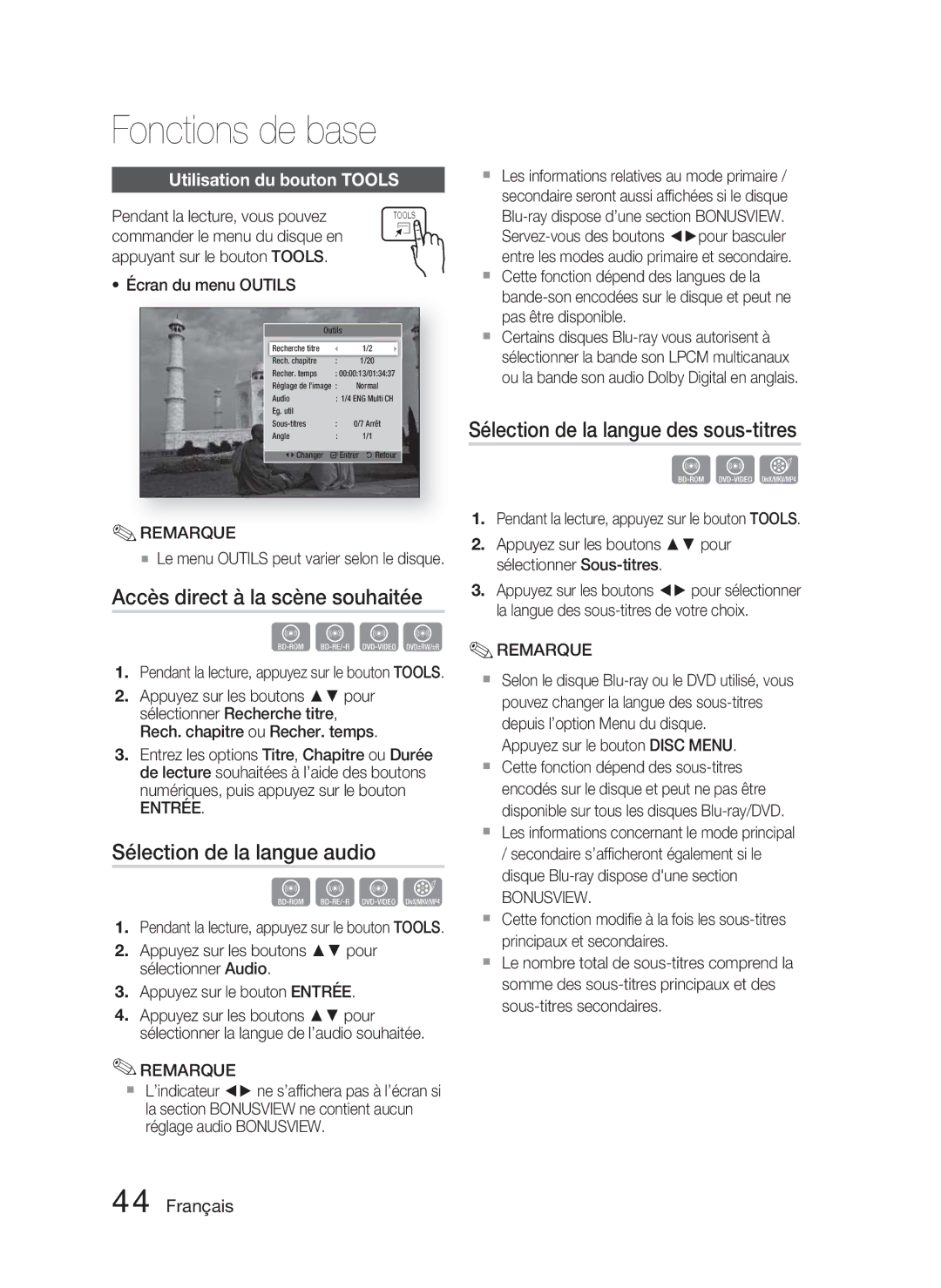 Samsung HT-D5000/ZF manual Accès direct à la scène souhaitée, Sélection de la langue audio, Utilisation du bouton Tools 