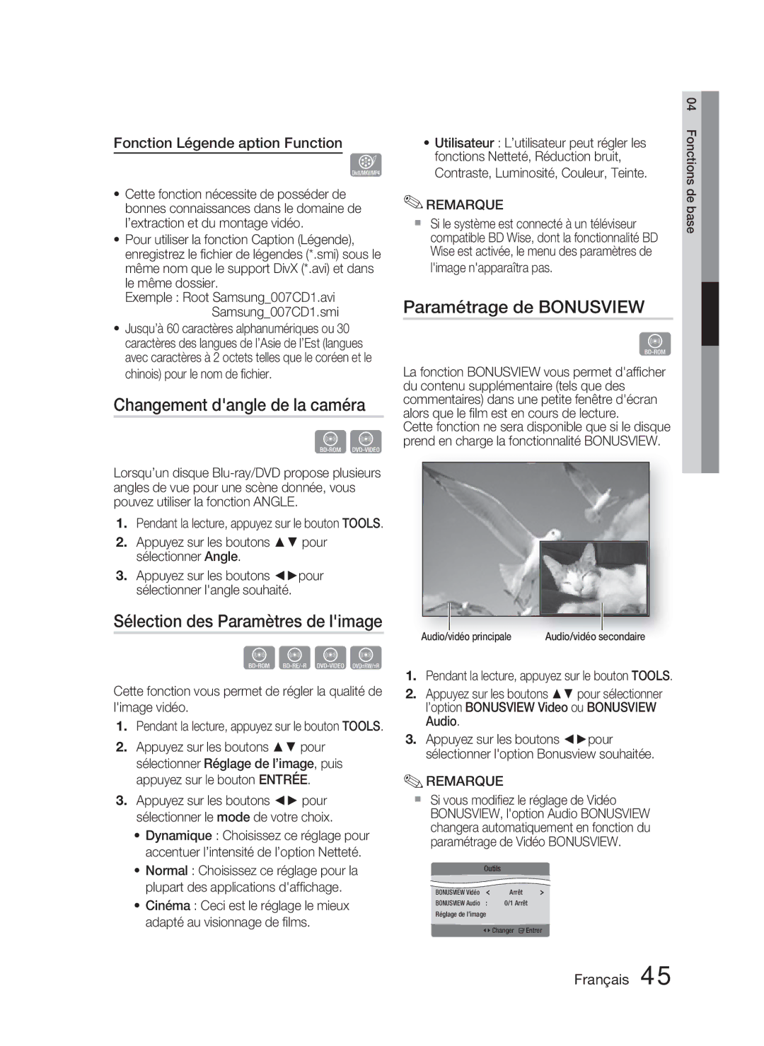 Samsung HT-D5000/ZF manual Changement dangle de la caméra, Sélection des Paramètres de limage, Paramétrage de Bonusview 