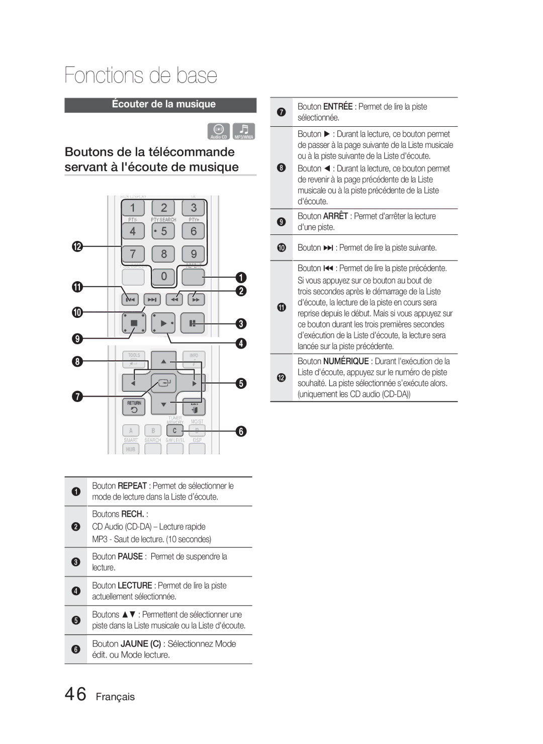 Samsung HT-D5000/ZF manual Boutons de la télécommande servant à lécoute de musique, Écouter de la musique, Boutons Rech 