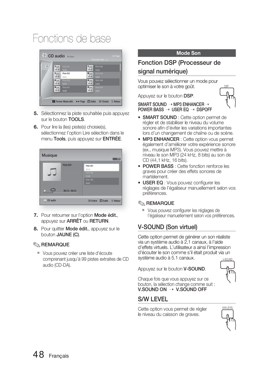 Samsung HT-D5000/ZF manual Fonction DSP Processeur de signal numérique, Sound Son virtuel, Mode Son, Sound on V.SOUND OFF 