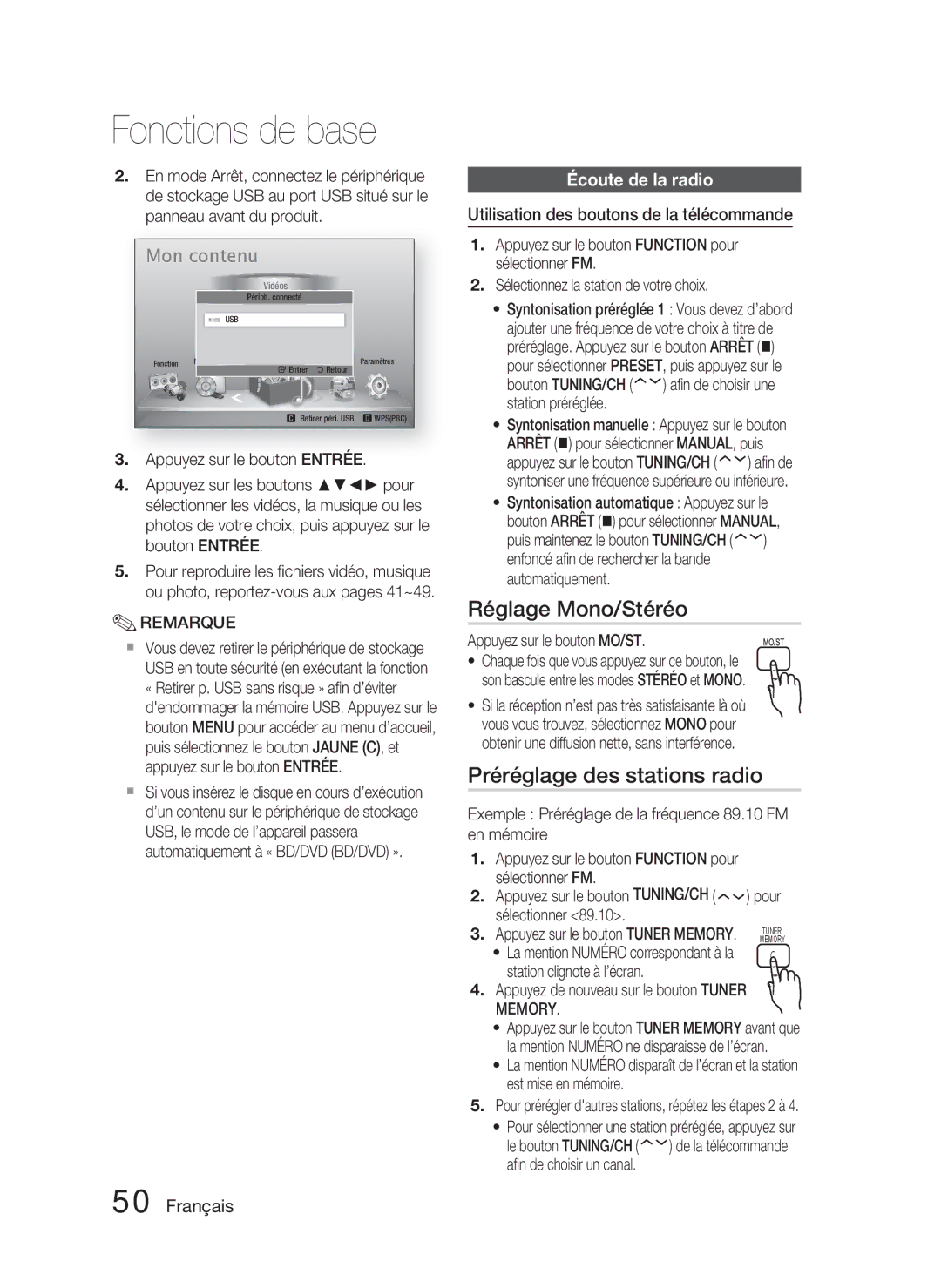 Samsung HT-D5000/ZF manual Réglage Mono/Stéréo, Préréglage des stations radio, Écoute de la radio 