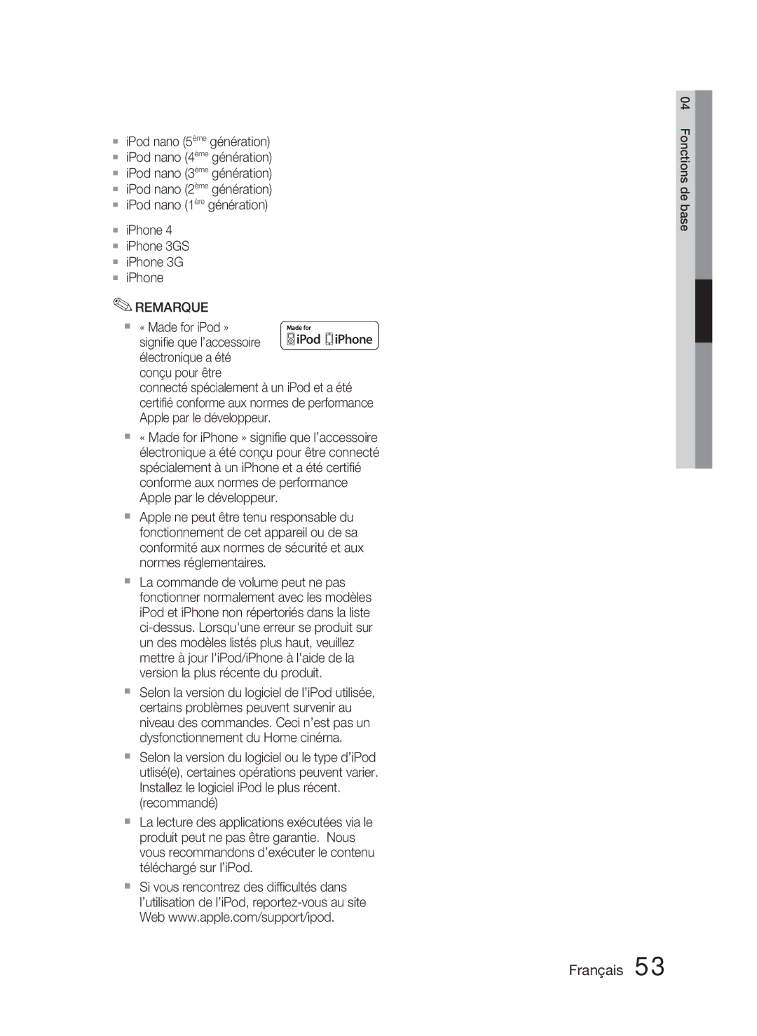 Samsung HT-D5000/ZF manual  « Made for iPod », Signiﬁe que l’accessoire électronique a été 