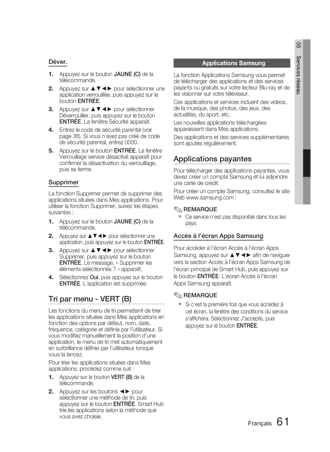 Samsung HT-D5000/ZF manual Tri par menu Vert B, Applications payantes, Applications Samsung 