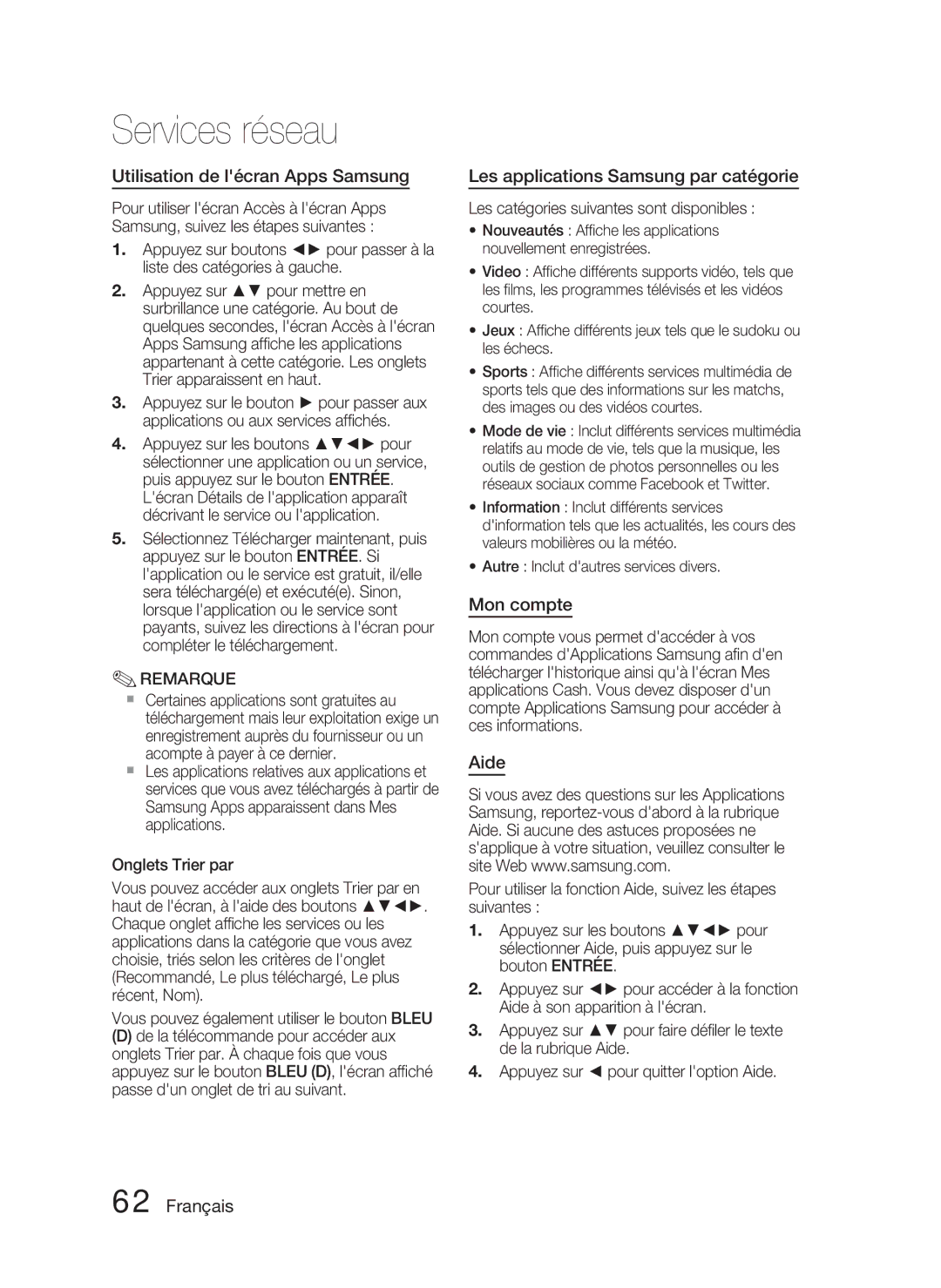 Samsung HT-D5000/ZF manual Utilisation de lécran Apps Samsung, Les applications Samsung par catégorie, Mon compte, Aide 