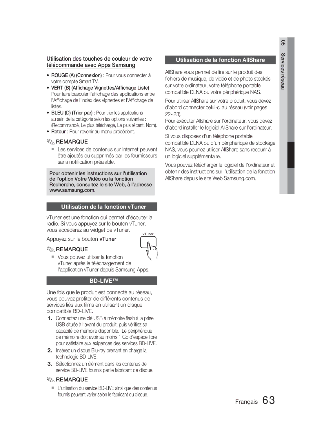 Samsung HT-D5000/ZF Utilisation de la fonction AllShare, Utilisation de la fonction vTuner, Appuyez sur le bouton vTuner 