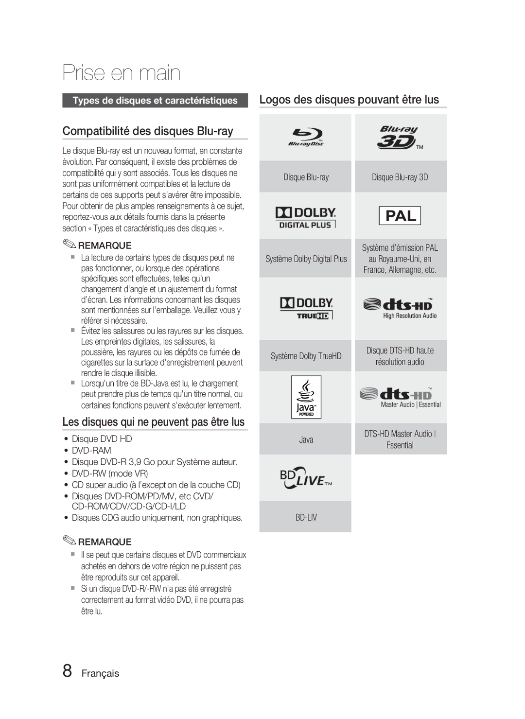 Samsung HT-D5000/ZF manual Compatibilité des disques Blu-ray, Les disques qui ne peuvent pas être lus, Dvd-Ram, Bd-Liv 