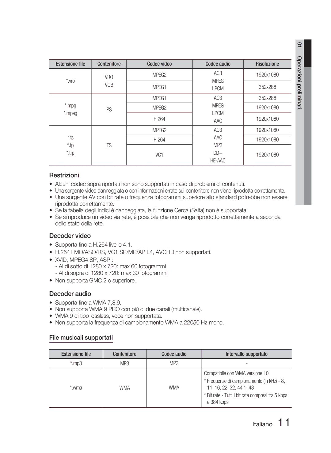 Samsung HT-D5000/ZF manual Restrizioni, Decoder video, Decoder audio, File musicali supportati 