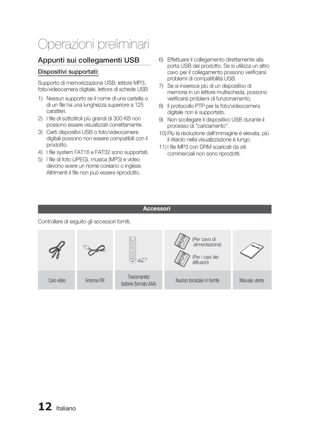 Samsung HT-D5000/ZF manual Operazioni preliminari, Accessori 