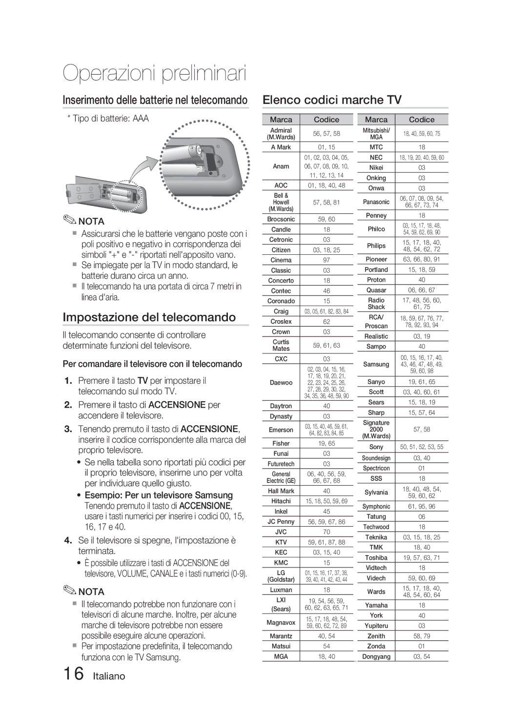 Samsung HT-D5000/ZF Elenco codici marche TV, Impostazione del telecomando, Inserimento delle batterie nel telecomando 