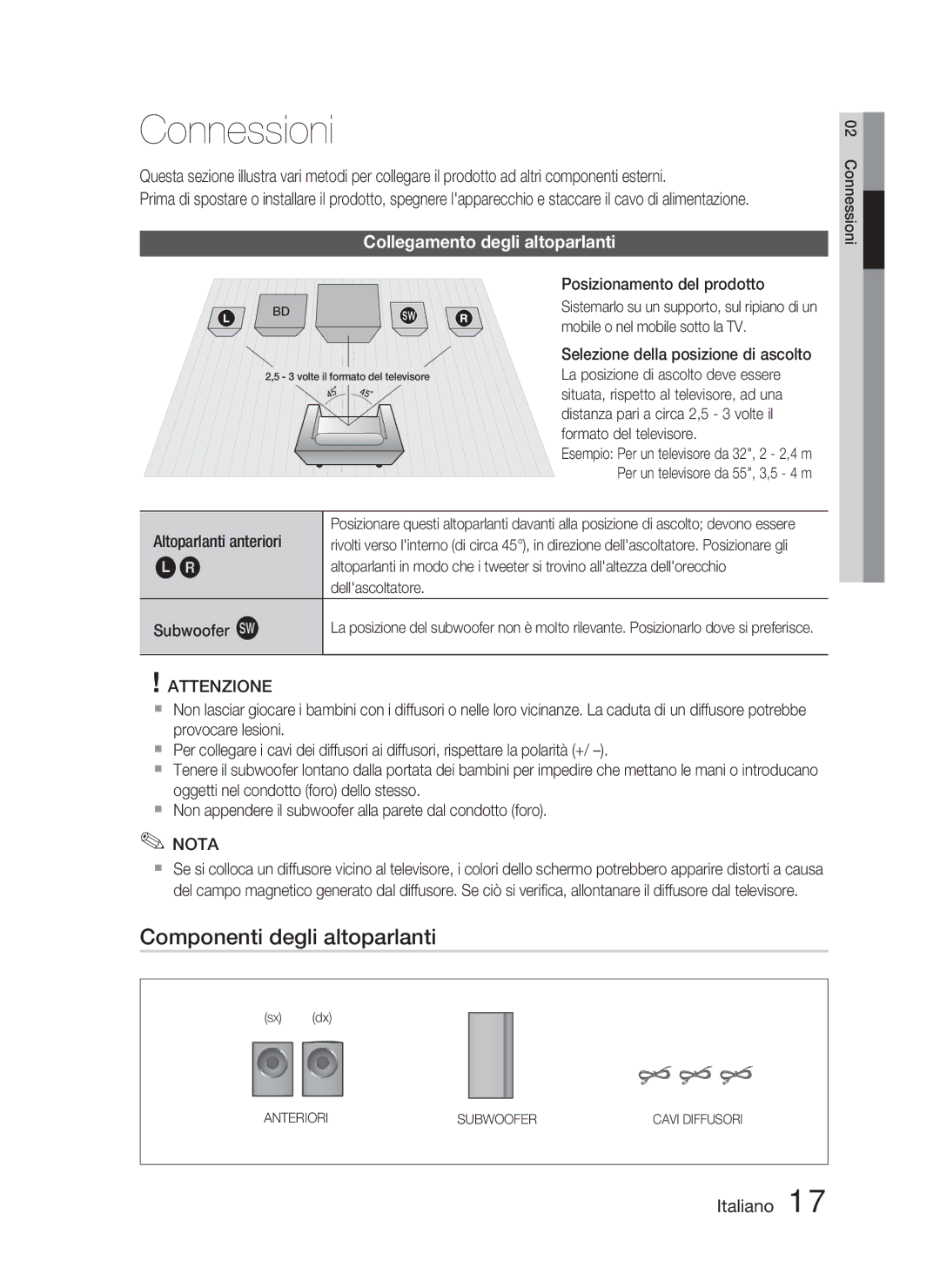 Samsung HT-D5000/ZF manual Connessioni, Componenti degli altoparlanti, Collegamento degli altoparlanti 