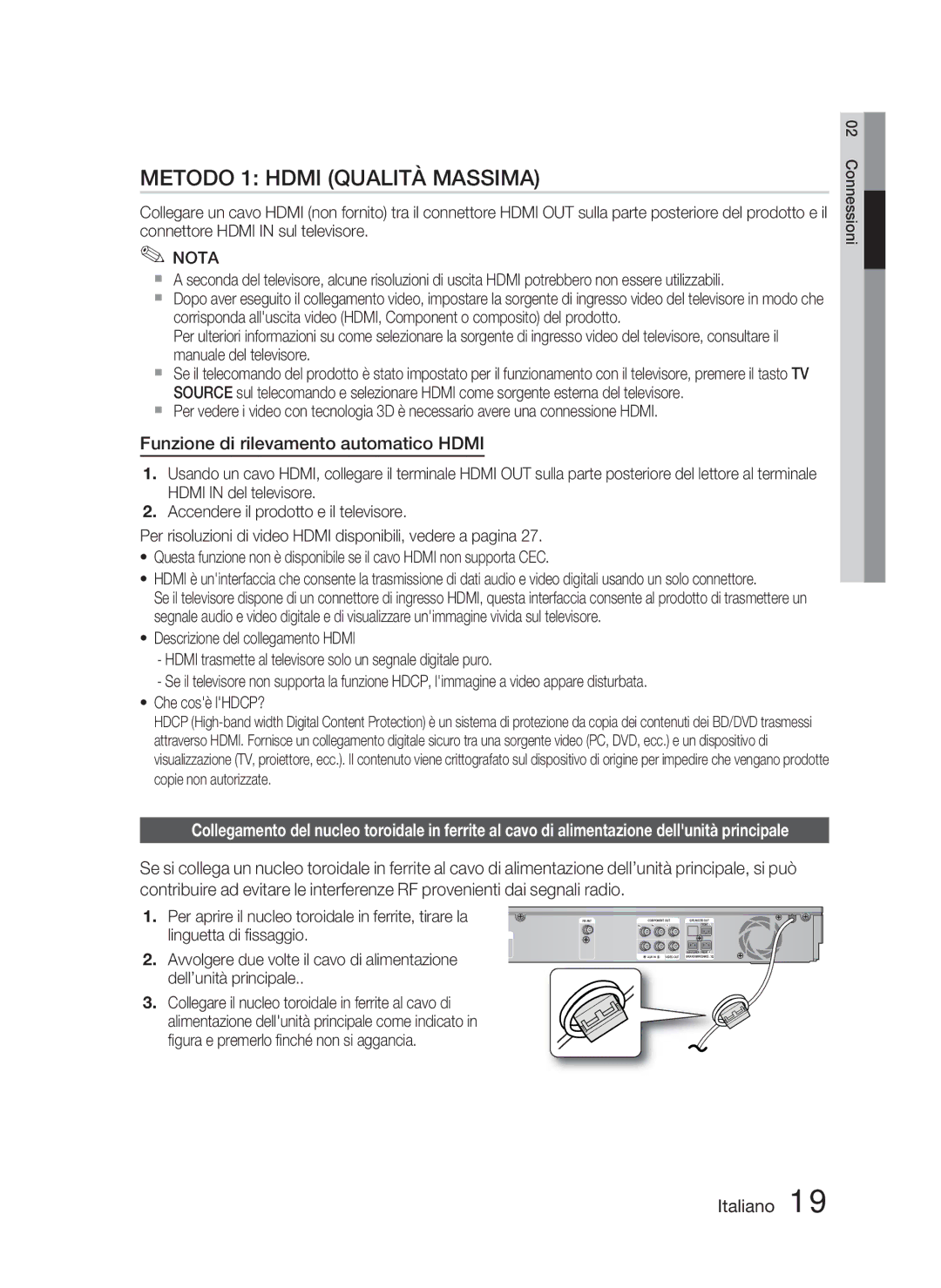 Samsung HT-D5000/ZF manual Metodo 1 Hdmi Qualità Massima, Funzione di rilevamento automatico Hdmi 