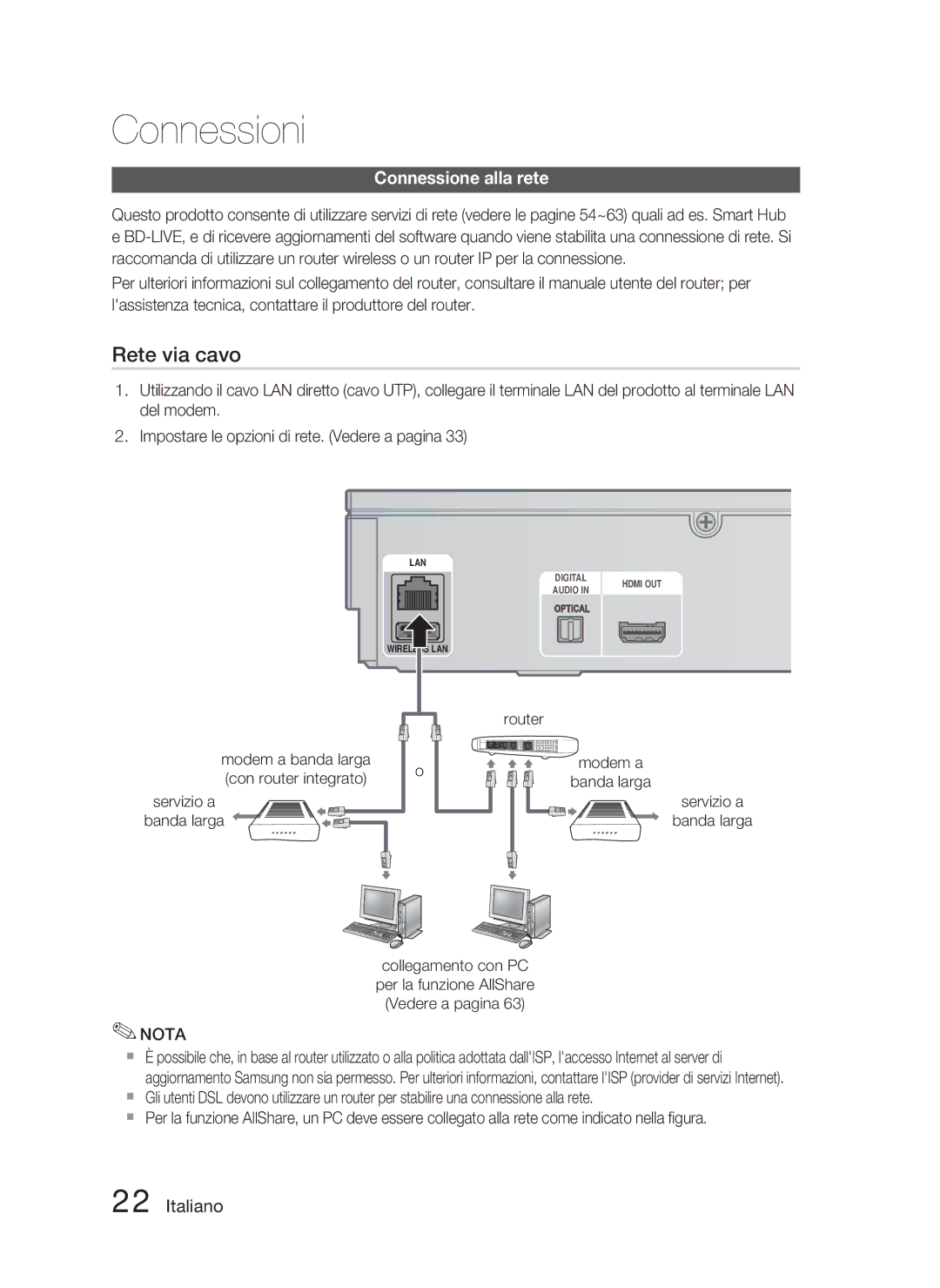 Samsung HT-D5000/ZF manual Connessione alla rete, Router Modem a Banda larga Servizio a banda larga 