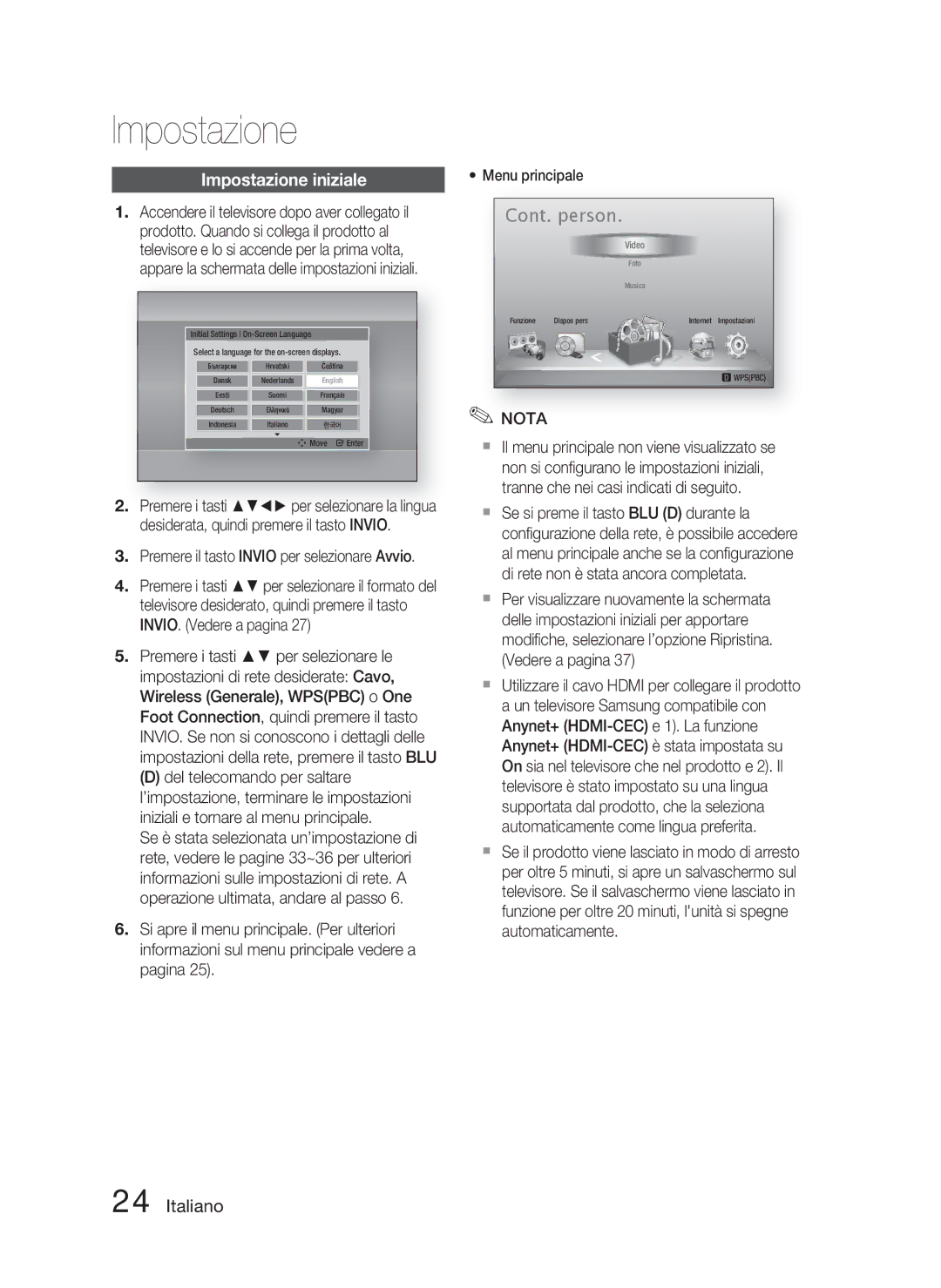 Samsung HT-D5000/ZF manual Impostazione iniziale, Premere il tasto Invio per selezionare Avvio 