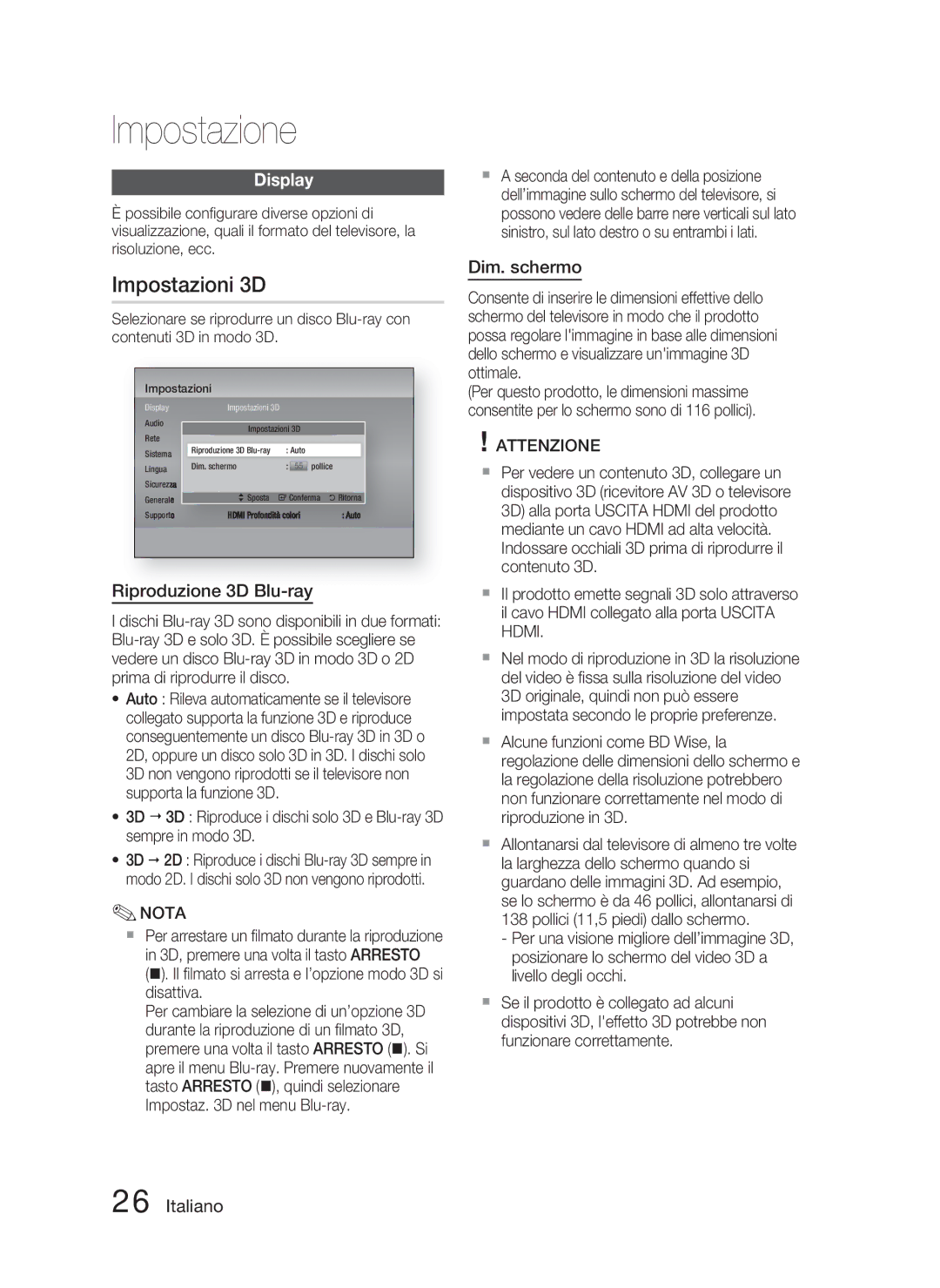 Samsung HT-D5000/ZF manual Impostazioni 3D, Display, Riproduzione 3D Blu-ray, Dim. schermo 