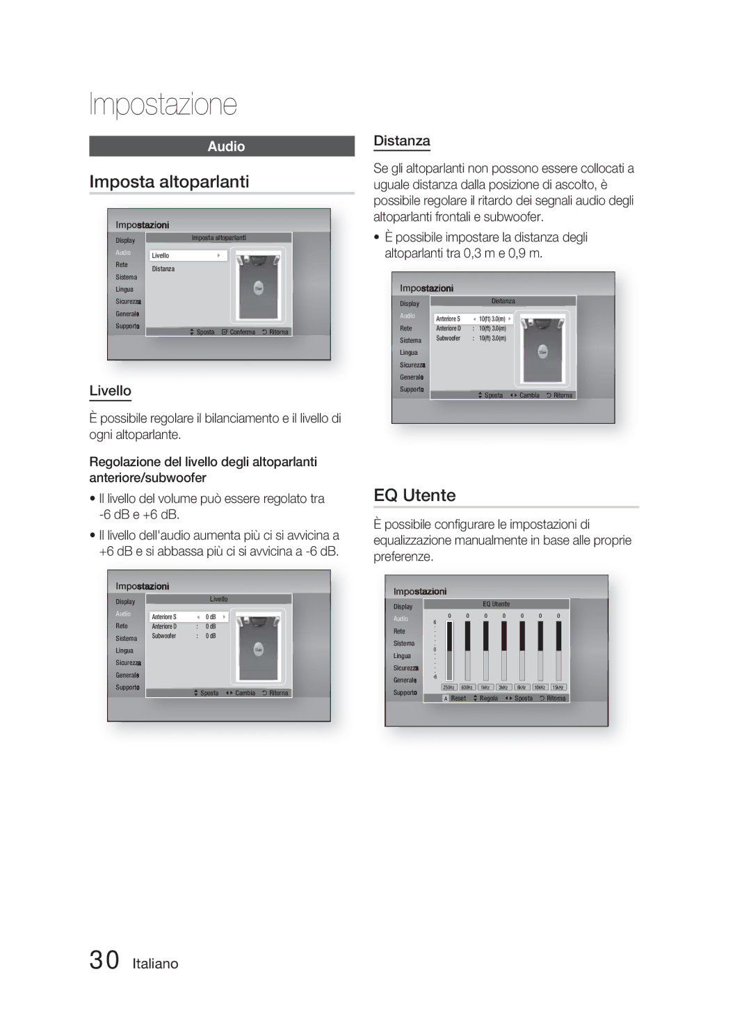 Samsung HT-D5000/ZF manual Imposta altoparlanti, EQ Utente, Distanza, Livello 