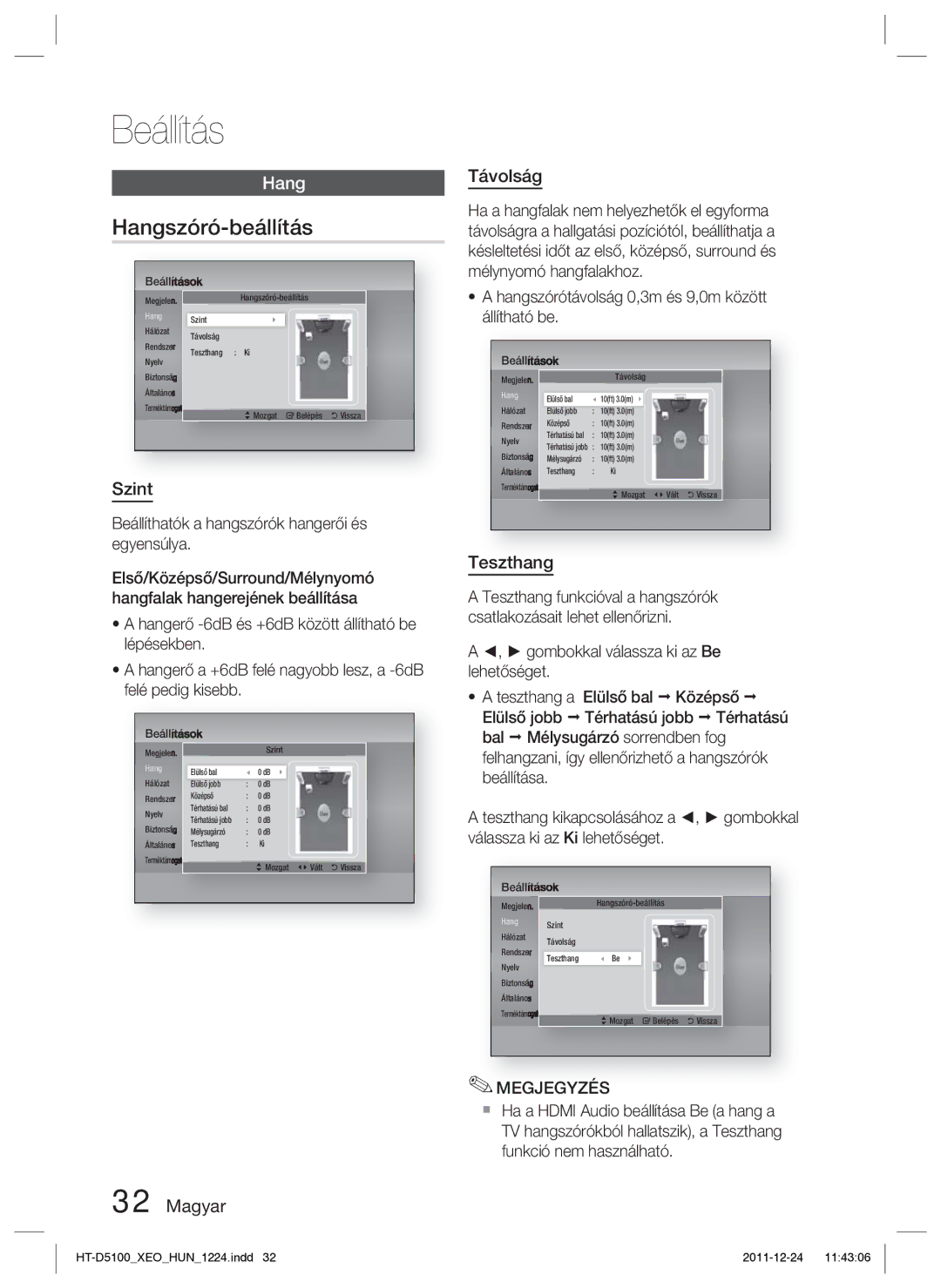 Samsung HT-D5100/XE, HT-D5100/EN manual Hangszóró-beállítás, Szint, Magyar Távolság, Teszthang 