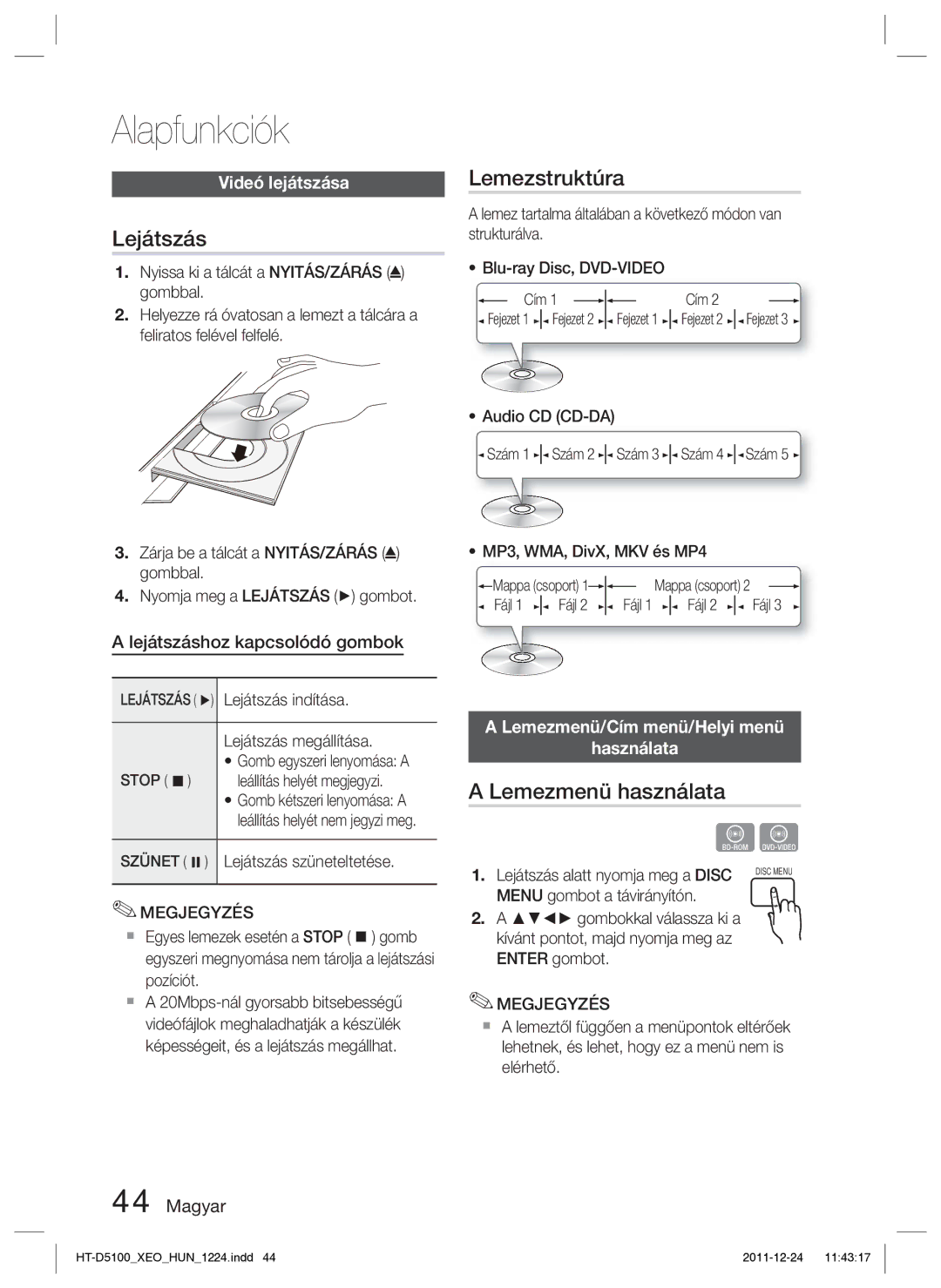 Samsung HT-D5100/XE, HT-D5100/EN manual Alapfunkciók, Lejátszás, Lemezstruktúra, Lemezmenü használata 