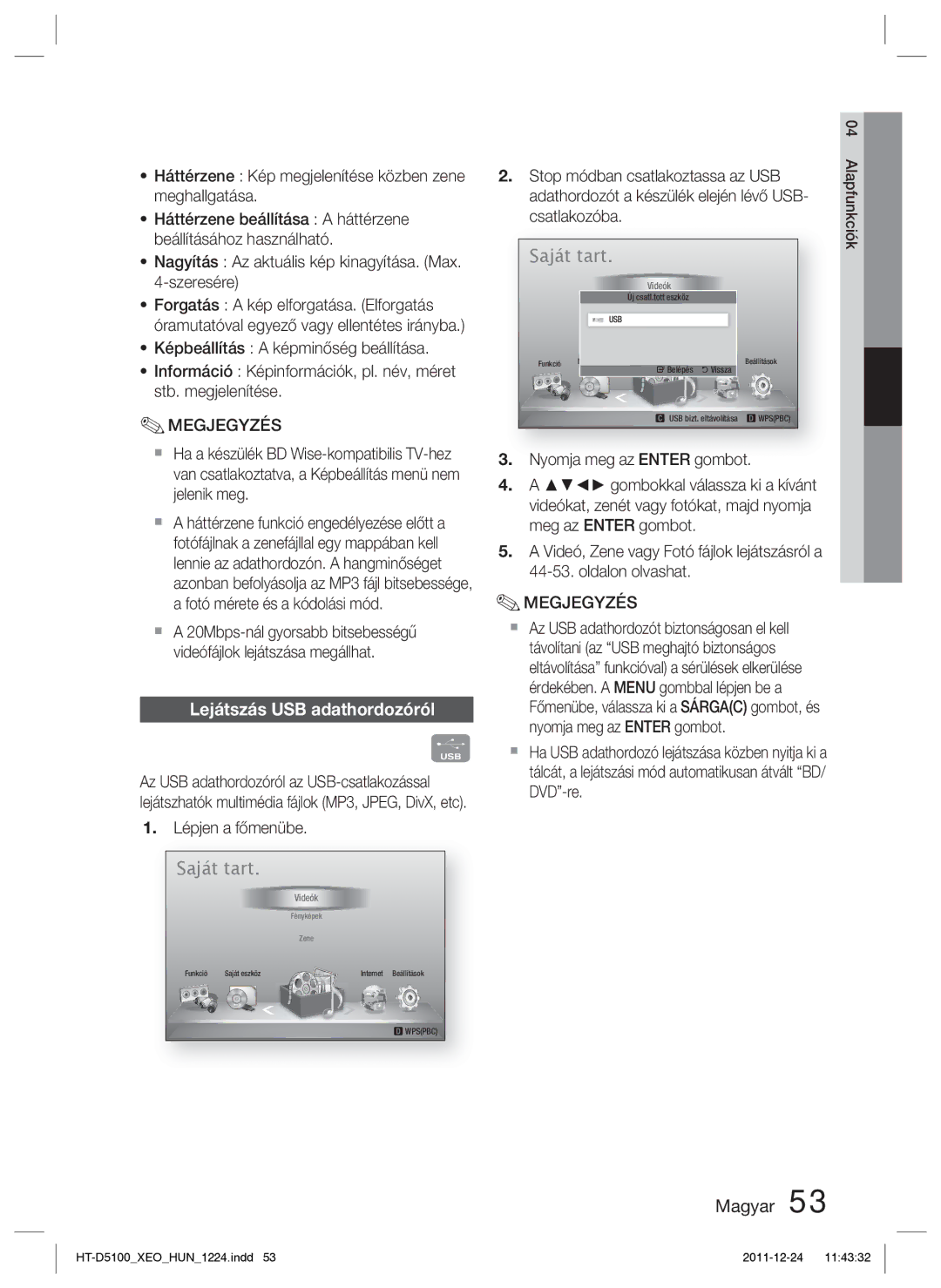 Samsung HT-D5100/EN, HT-D5100/XE manual Lejátszás USB adathordozóról 