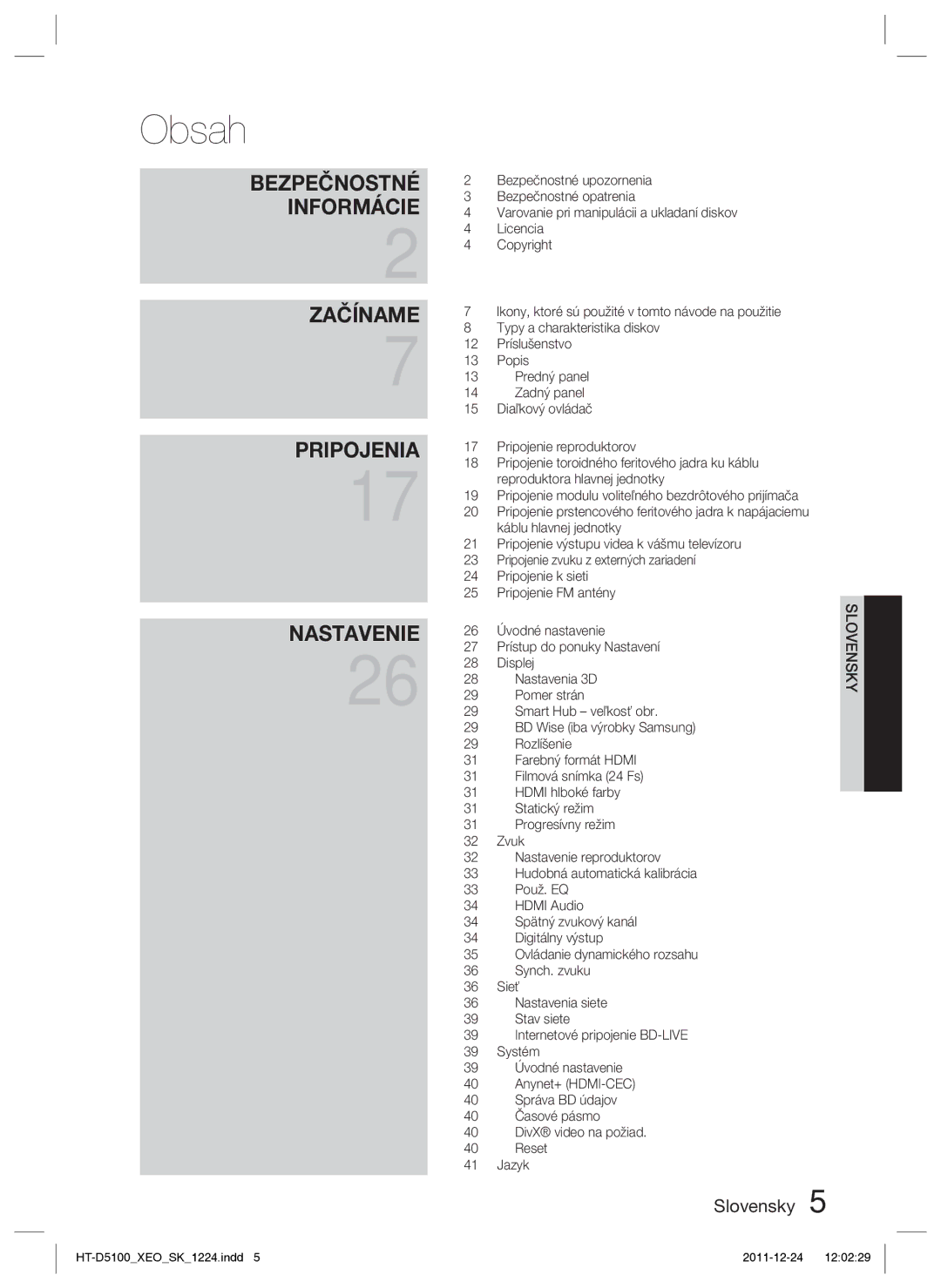 Samsung HT-D5100/XE, HT-D5100/EN manual Obsah 