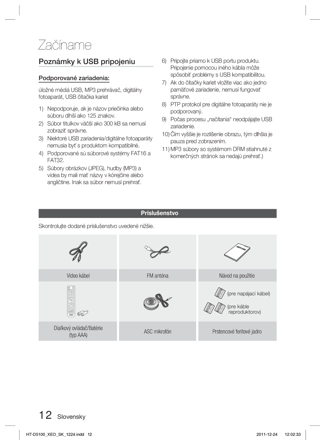 Samsung HT-D5100/EN, HT-D5100/XE manual Poznámky k USB pripojeniu, Podporované zariadenia, Príslušenstvo 