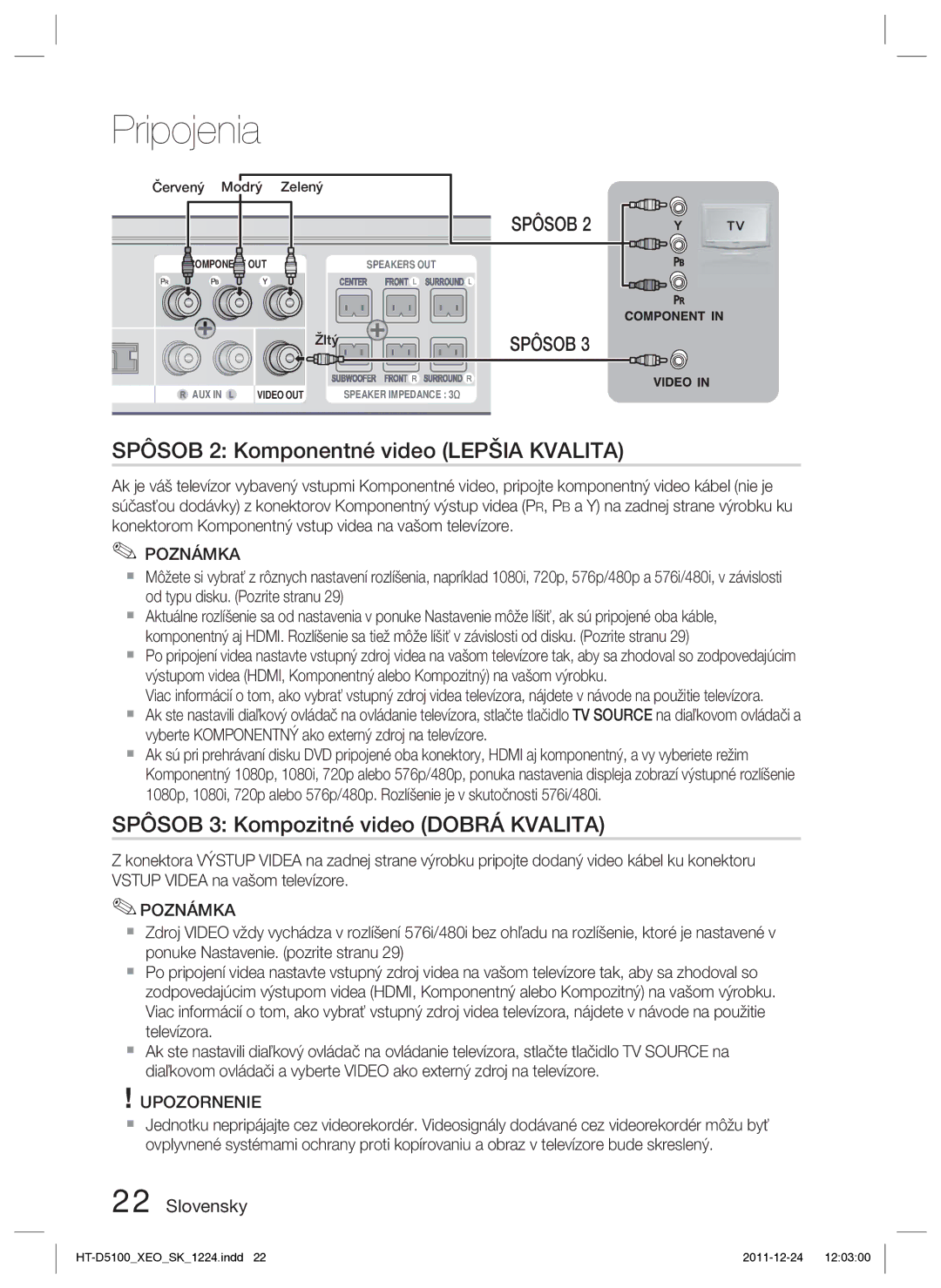 Samsung HT-D5100/EN, HT-D5100/XE manual Spôsob 2 Komponentné video Lepšia Kvalita, Spôsob 3 Kompozitné video Dobrá Kvalita 