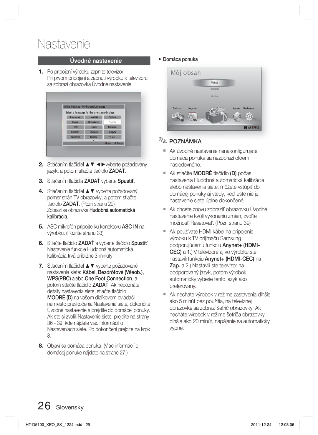 Samsung HT-D5100/EN, HT-D5100/XE manual Nastavenie, Úvodné nastavenie, Po pripojení výrobku zapnite televízor, Domáca ponuka 